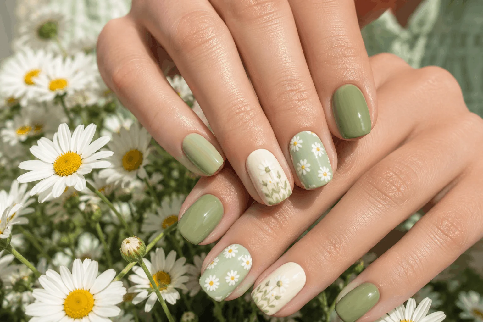11 Green Spring Nails Everyone Will Copy 9 Green and white daisy spring nails with floral manicure art