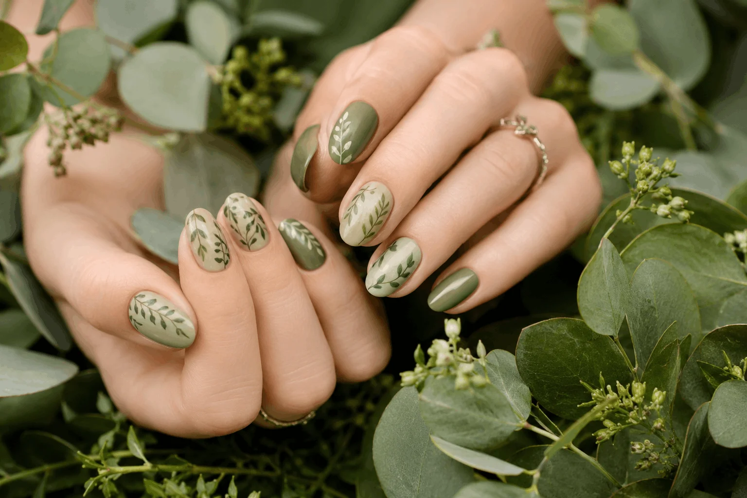 10 April Nails Ideas for a Chic Seasonal Manicure 8 Green botanical nail art with leaf patterns