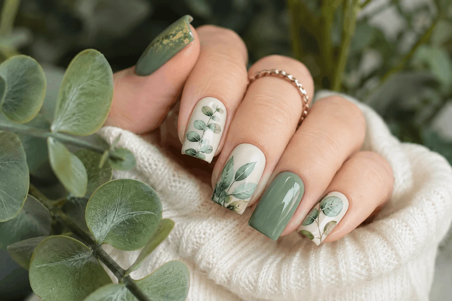 11 Fresh Spring Square Nails to Try This Season 7 Green botanical spring square nails with leaf nail art