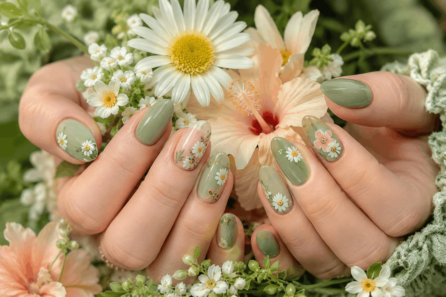 12 Green Summer Nails That Scream Vacation Vibes 9 Green floral summer nail art with feminine botanical style