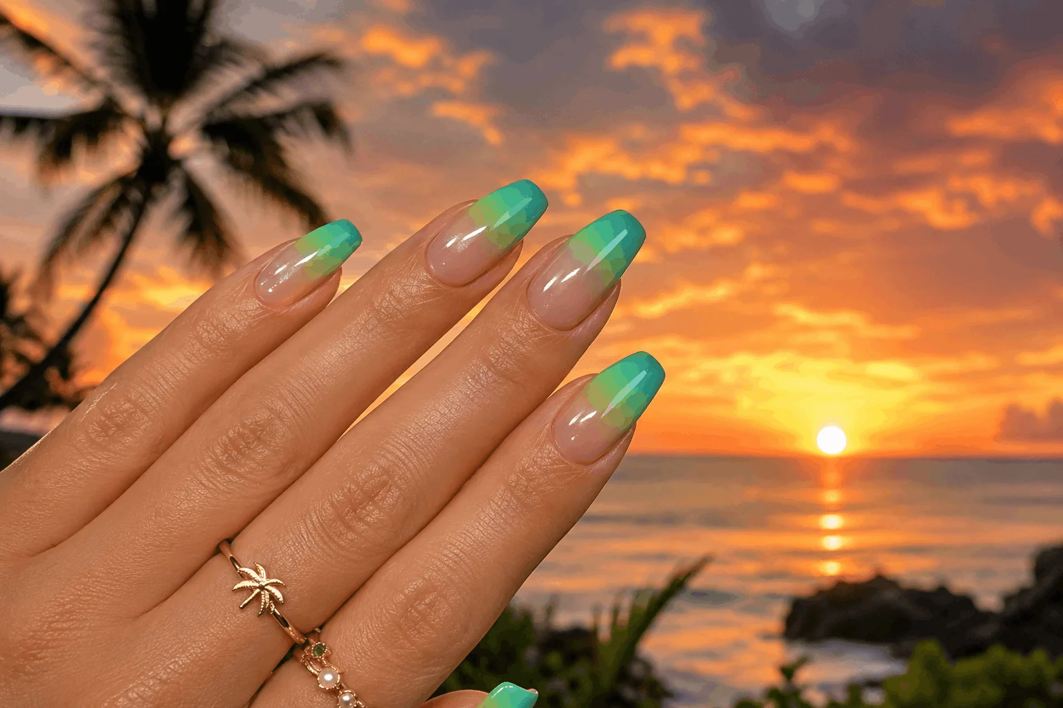 12 Green Summer Nails That Scream Vacation Vibes 11 Green ombre sunset nails with tropical gradient manicure