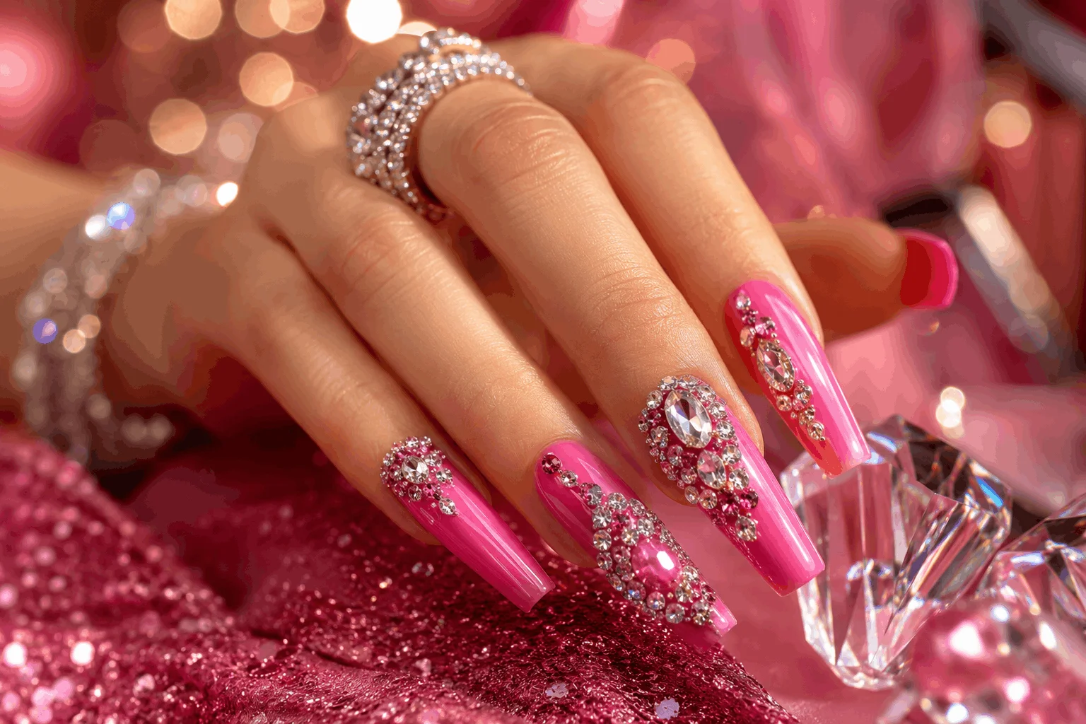 10 Eye-Catching Pink Nails & Hot Pink Gel Styles 11 Hot pink nails decorated with sparkling rhinestones