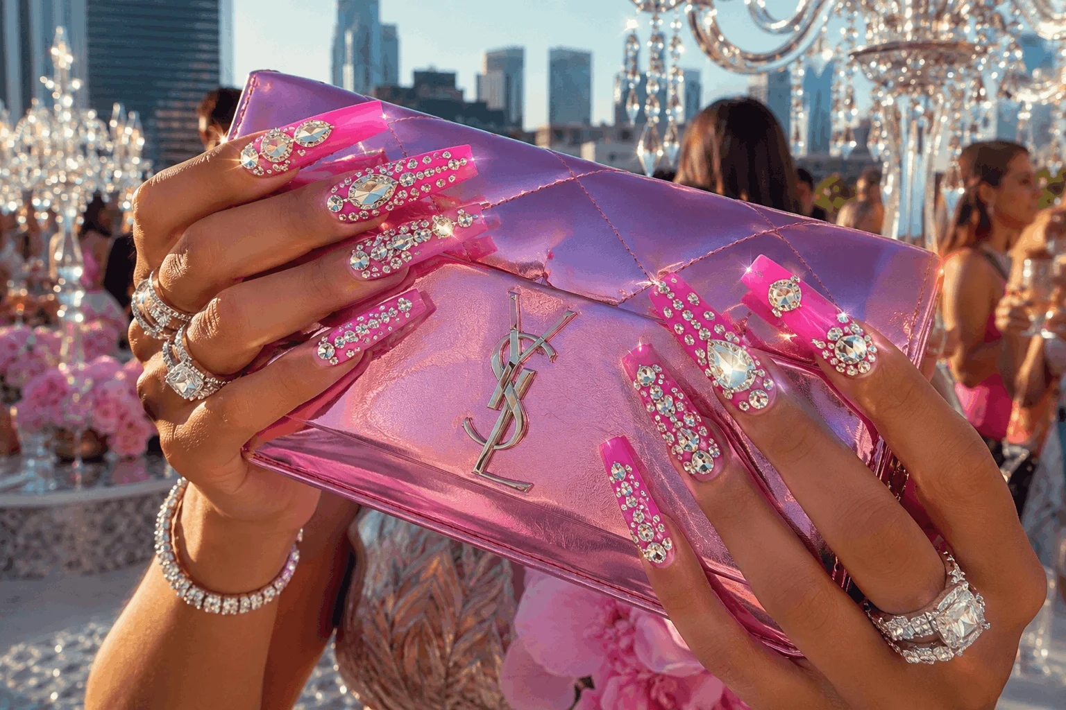12 Hot Pink Summer Nails That Scream Vacation 9 Hot pink rhinestone acrylic nails for glamorous summer look