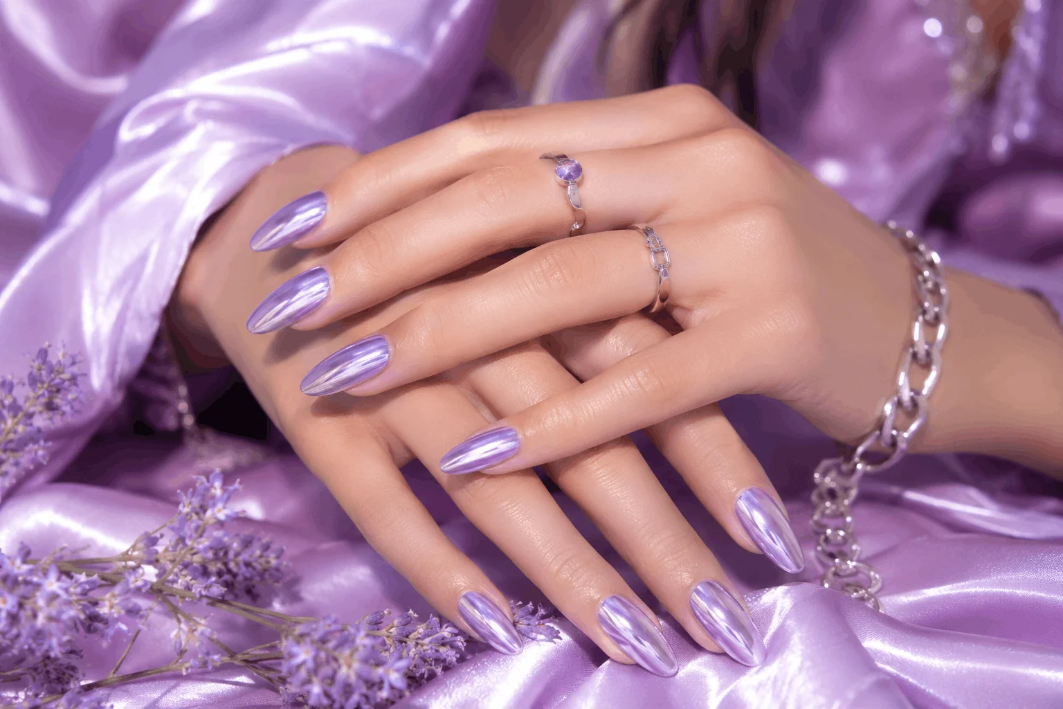 10 Spring Nails Ideas That Look So Pretty in Photos 5 Lavender chrome spring nails with glossy metallic finish