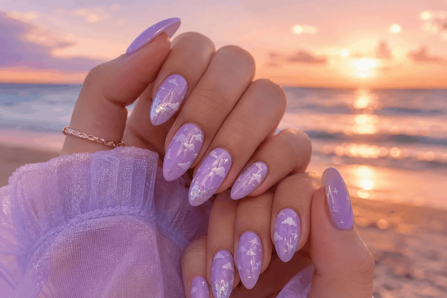 10 Summer Almond Nails for a Chic Beach Look 11 Lavender dream almond nails with pastel summer nail design