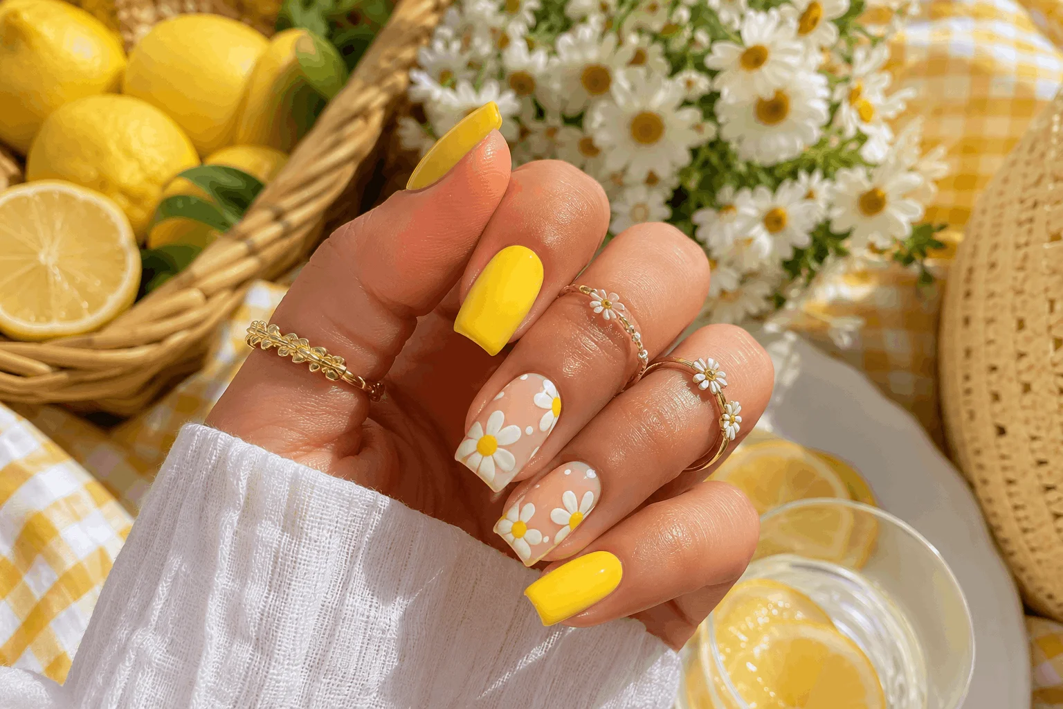 11 August Nails Everyone Will Be Wearing This Summer 8 Lemon yellow summer nails with floral accents