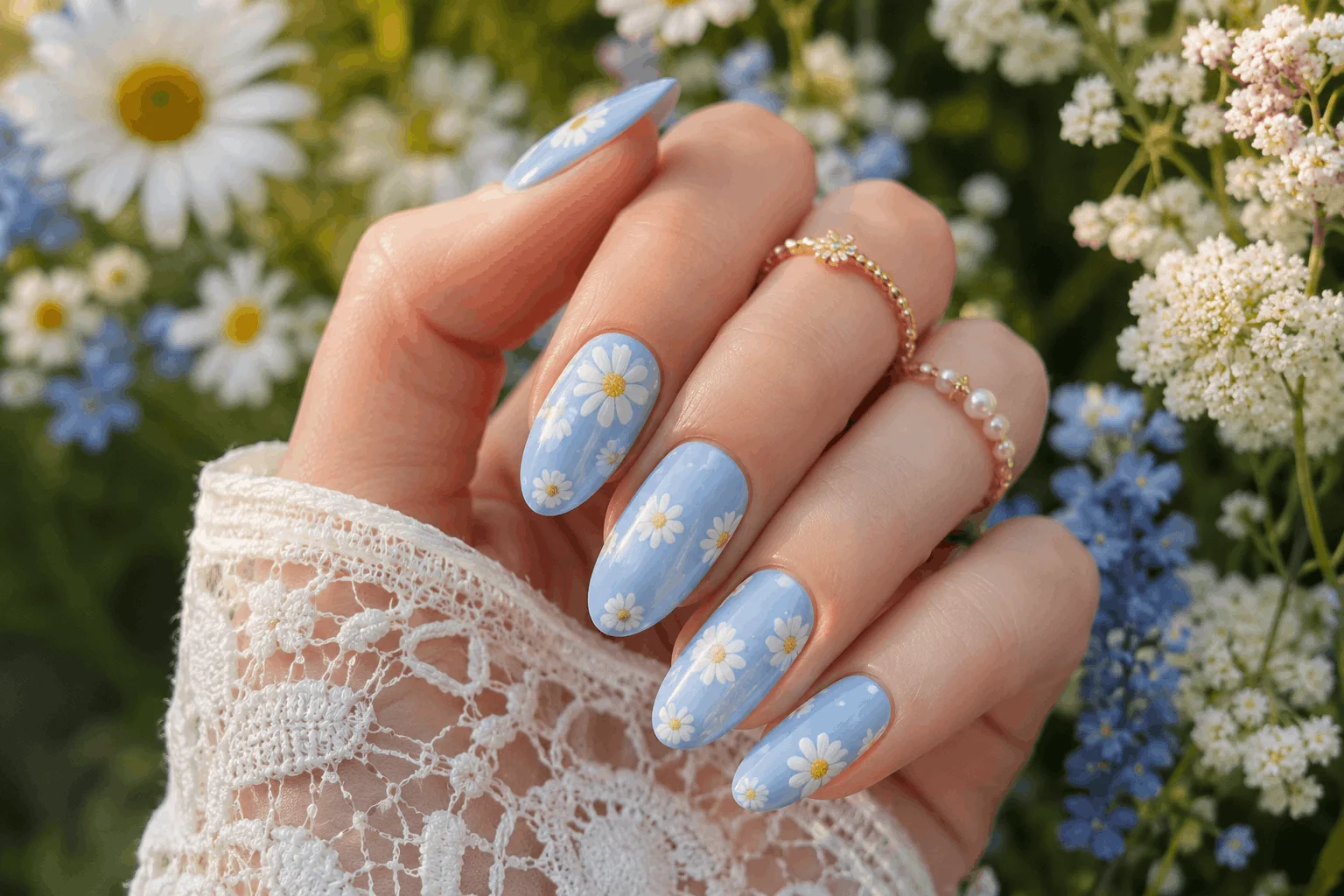 11 Light Blue Spring Nails for a Fresh New Look 4 Light blue nails with white daisy nail art