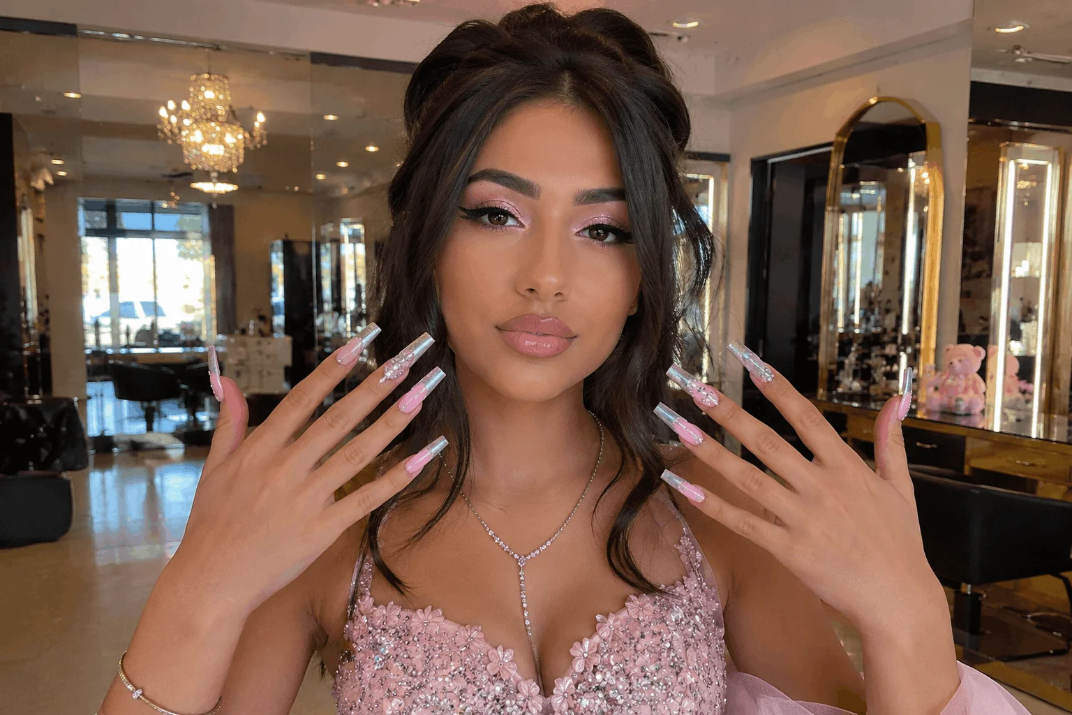 10 Prom Nails Styles Perfect for Your Dream Dress 4 Long acrylic prom nails with trendy chrome nail art