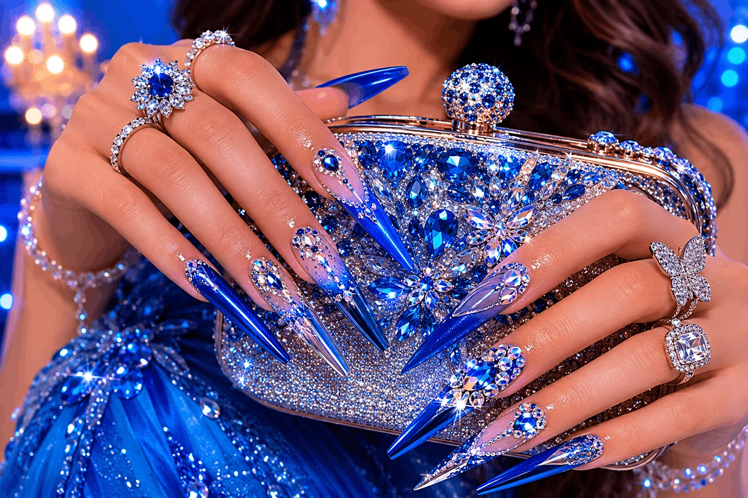 10 Blue Prom Nails That Will Steal the Spotlight Tonight 5 Long blue acrylic prom nails with rhinestone nail art