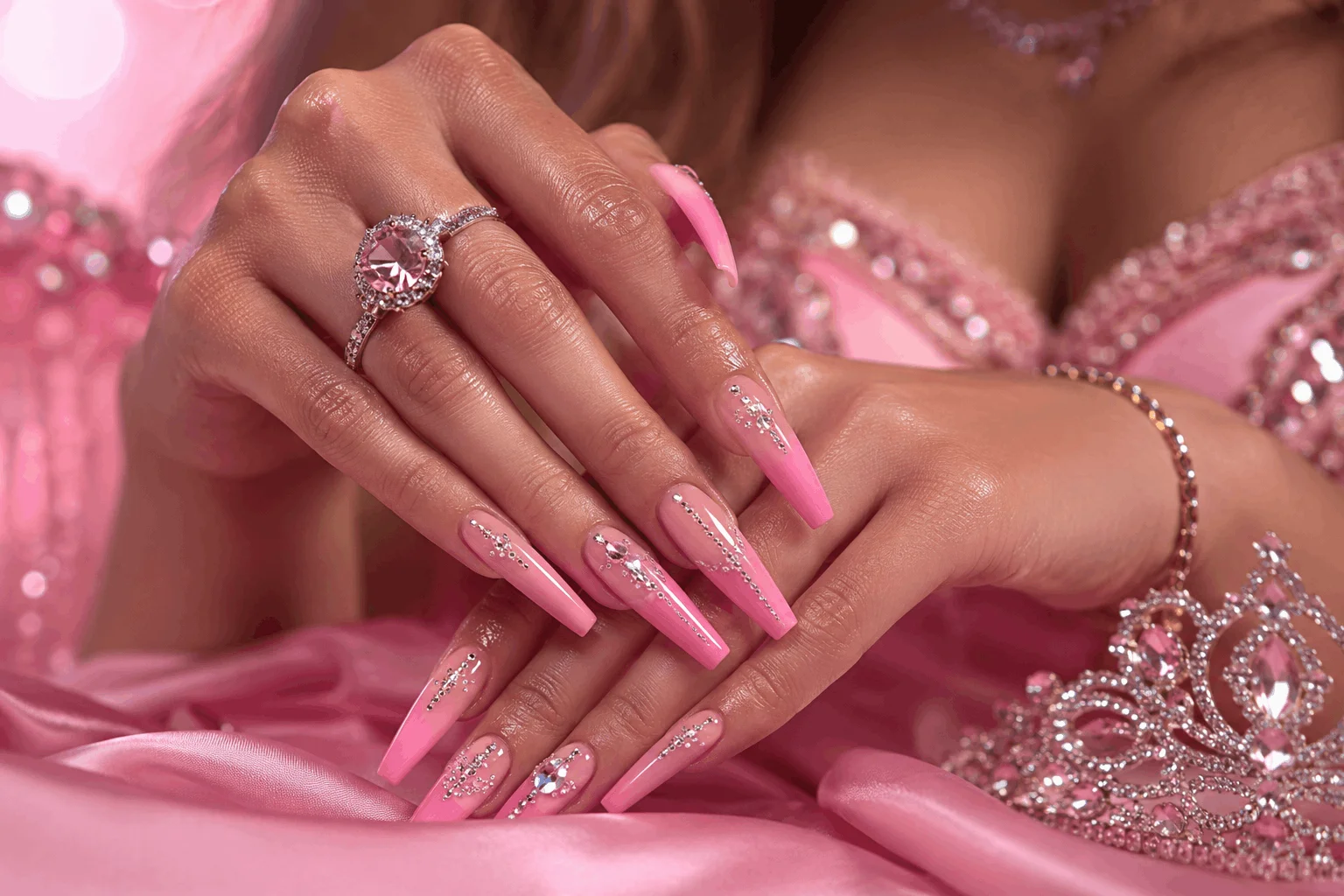 10 Pink Prom Nails That Are Pure Prom Queen 8 Long pink coffin prom nails with glamorous beauty styling