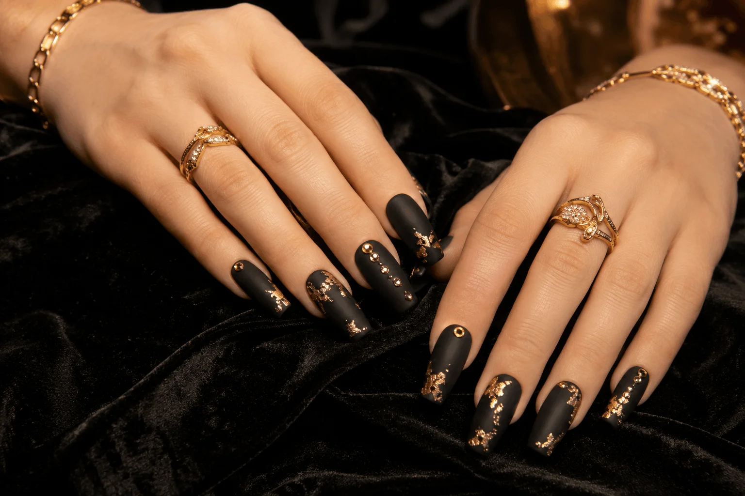 10 Black Prom Nails That Scream Luxury Glam 5 Matte black prom nails with gold luxury accents