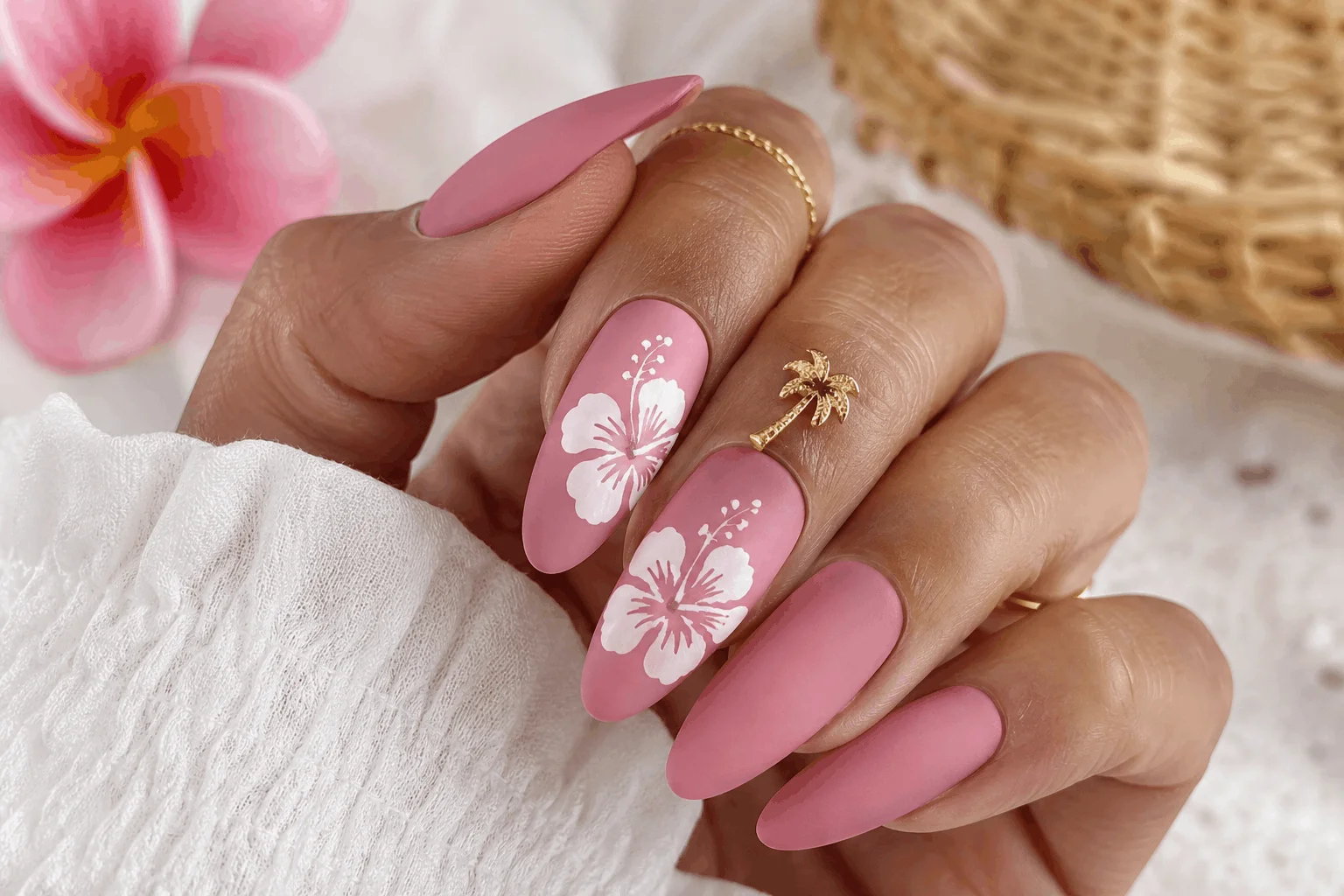 10 Pink Hibiscus Nails That Feel Like Paradise 7 Matte pink tropical hibiscus nails with soft floral art