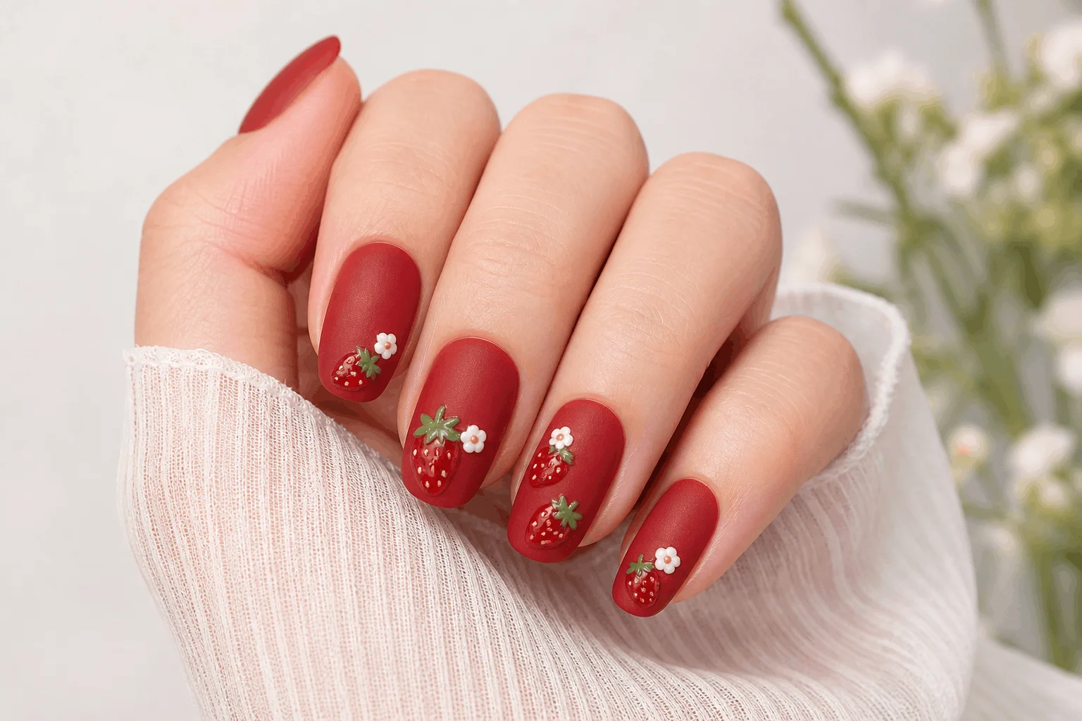 10 Strawberry Nails Designs You’ll Want Now 9 Matte strawberry nails modern aesthetic look