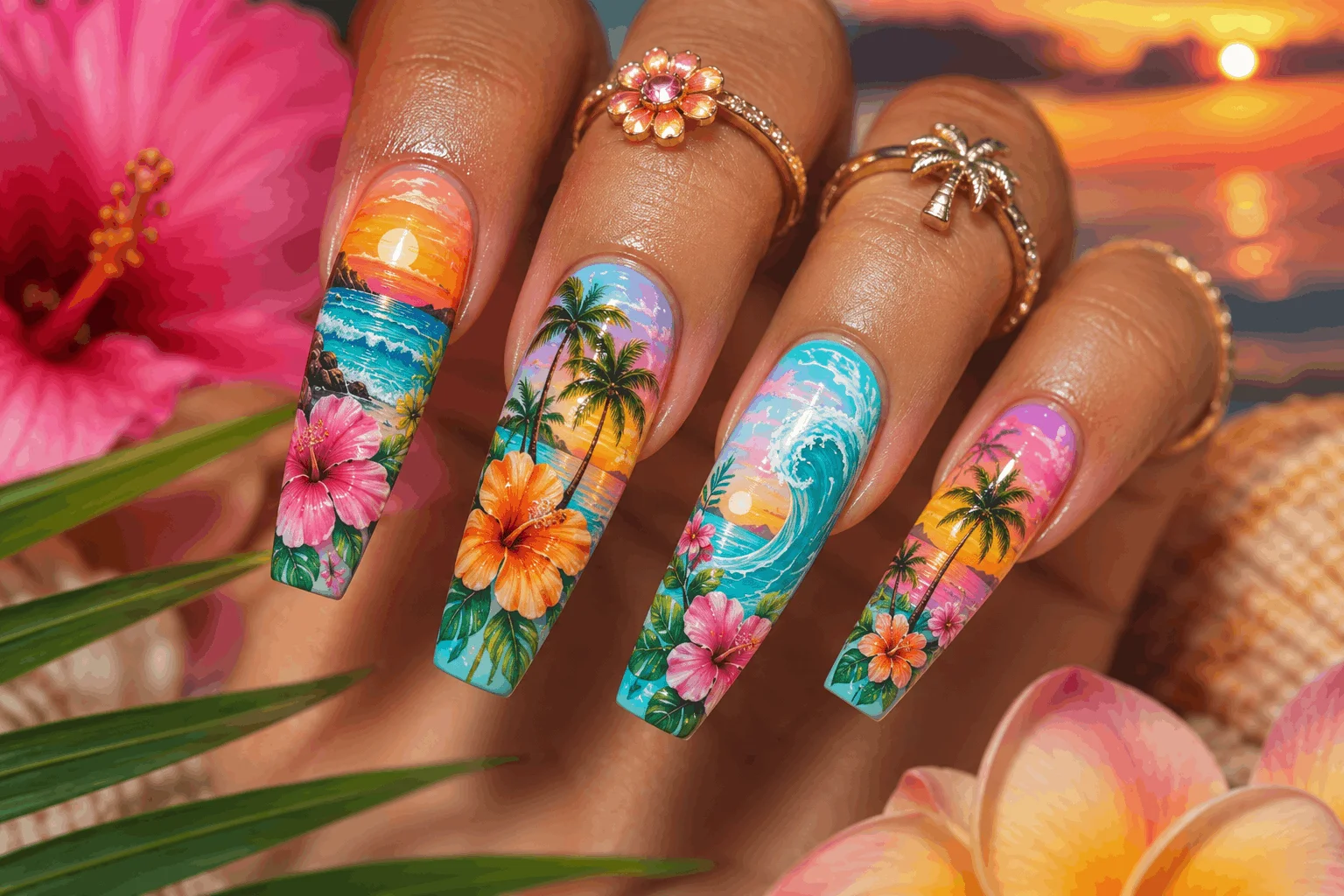 10 Hibiscus Flower on Nails Designs You’ll Love 9 Matte tropical hibiscus flower nail design