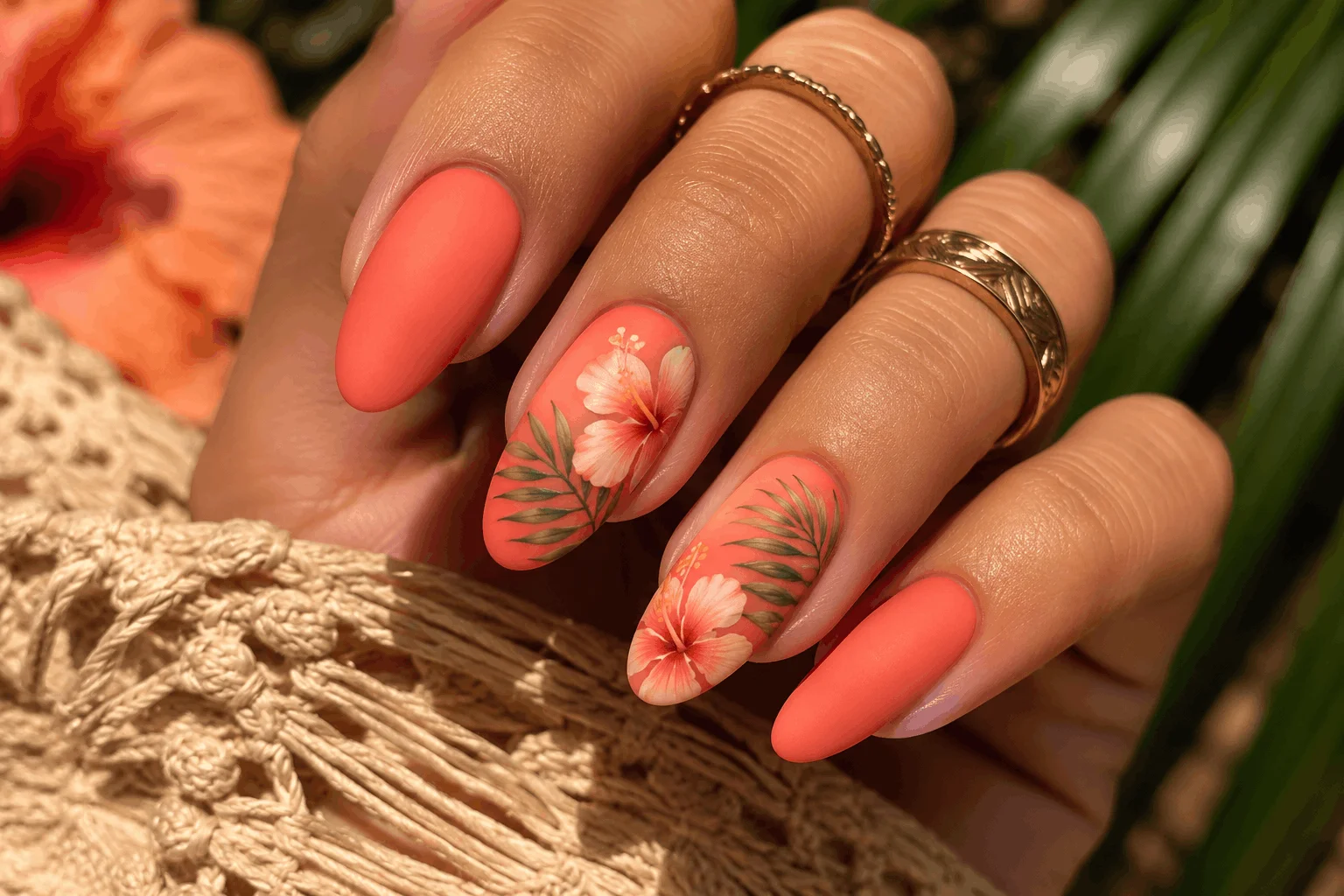 10 Summer Hibiscus Nails You’ll Want Right Away 9 Matte tropical hibiscus flower nails in coral shades