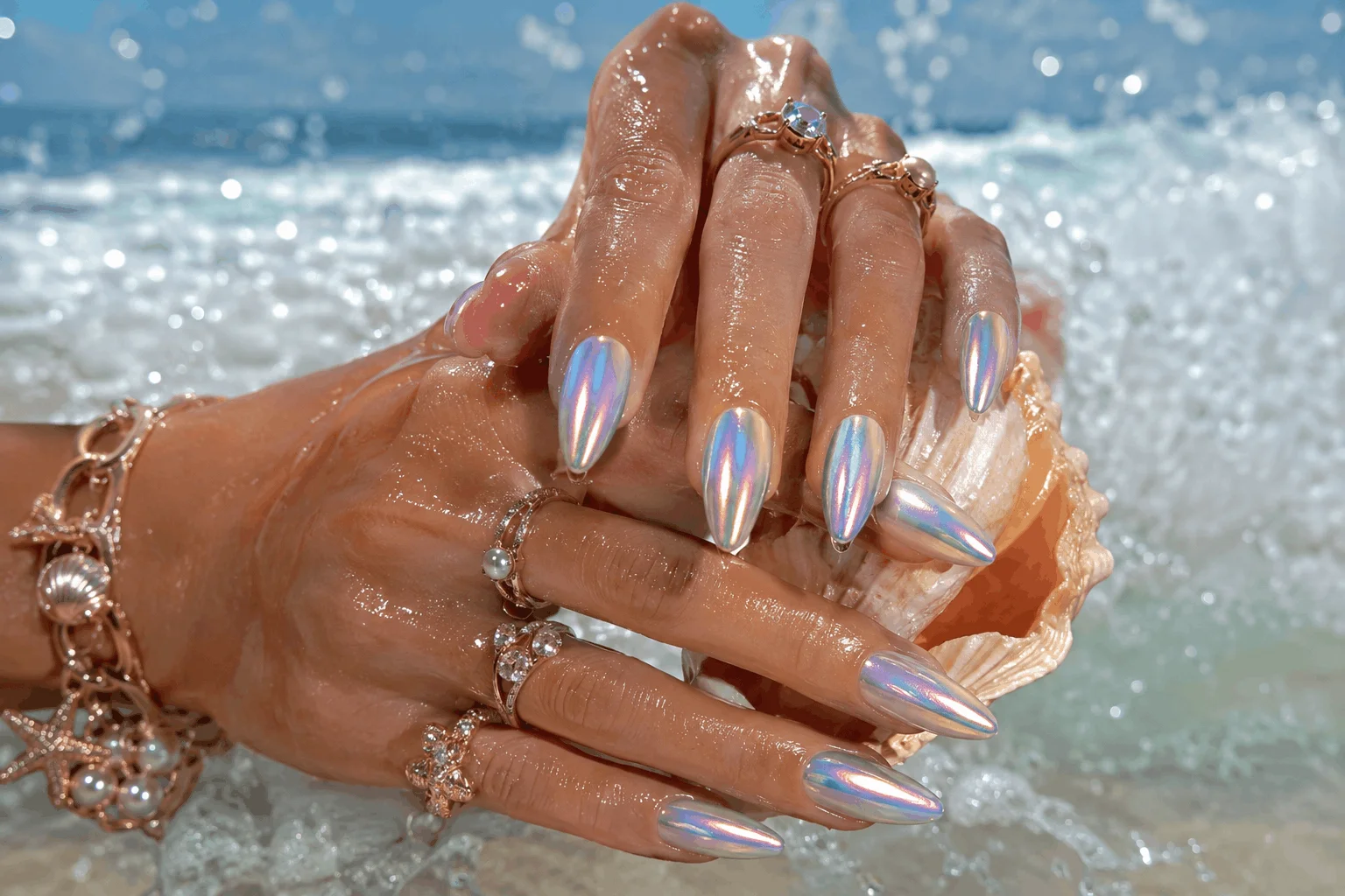 10 Summer Beach Nails Every Trend Lover Will Save 11 Mermaid chrome summer beach nails with shimmer