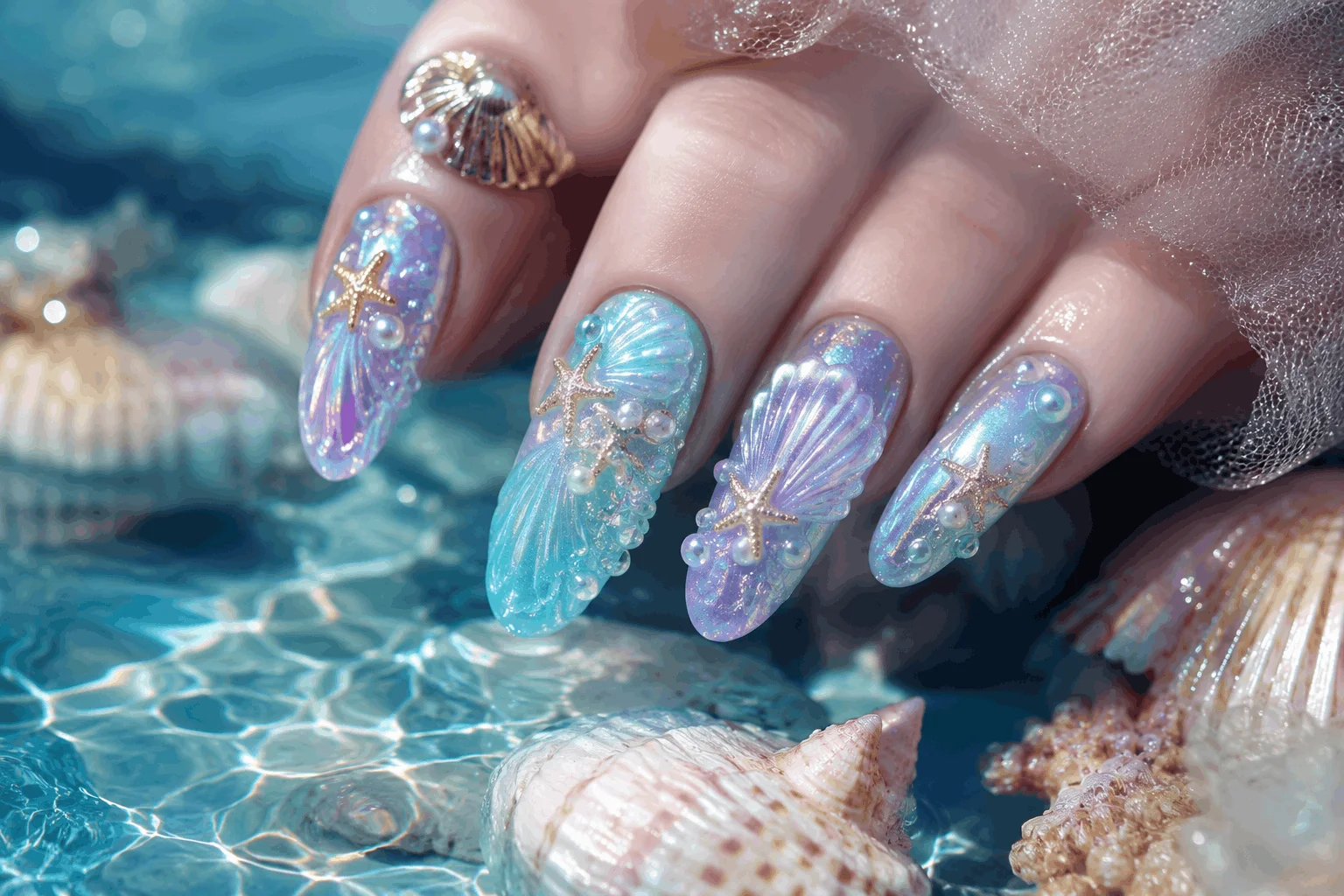 10 Summer Seashell Nails for a Coastal Glam Look 3 Mermaid seashell nails with holographic ocean-inspired colors