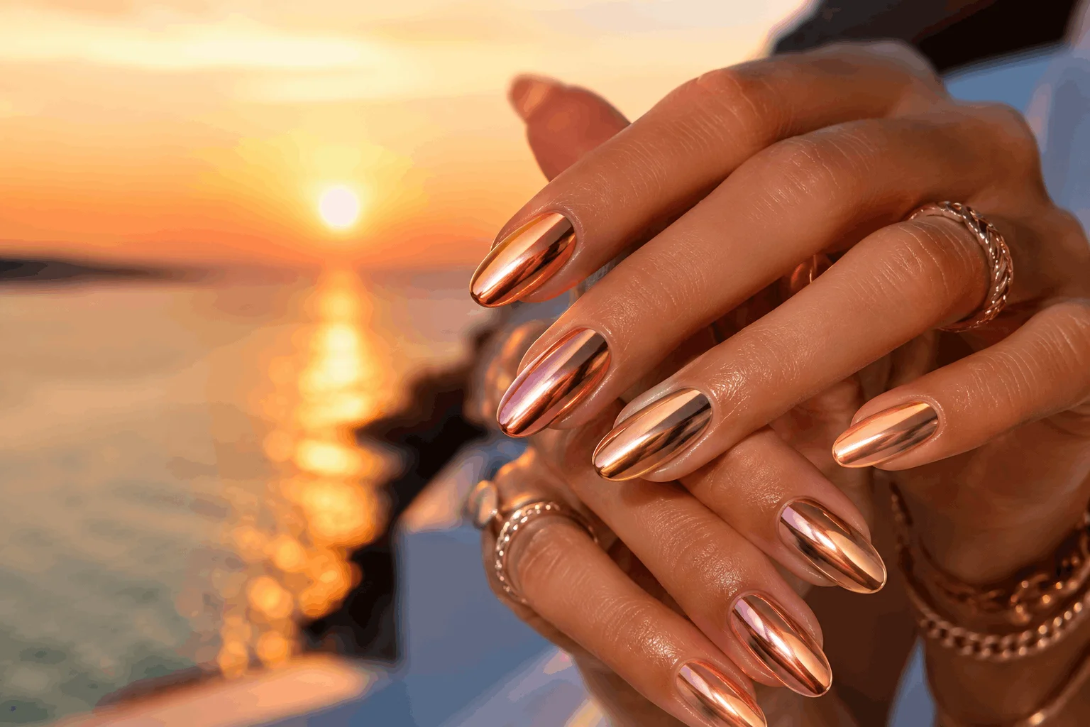10 Tropical Sunset Nails That Scream Summer Vibes 10 Metallic chrome sunset nails for summer fashion