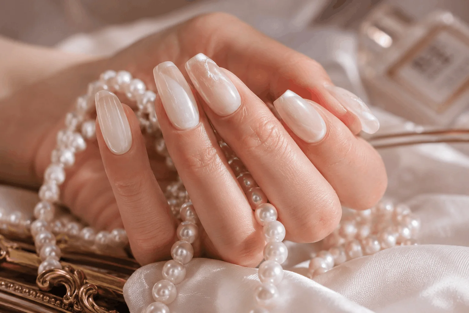 12 Simple Prom Nails That Look Seriously Expensive 5 Milky white nails with elegant pearl accessories