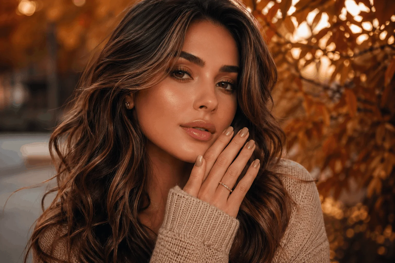 10 Minimalist Early Fall Nails You’ll Love Now 1 Minimalist early fall nails on glamorous woman in cozy autumn style