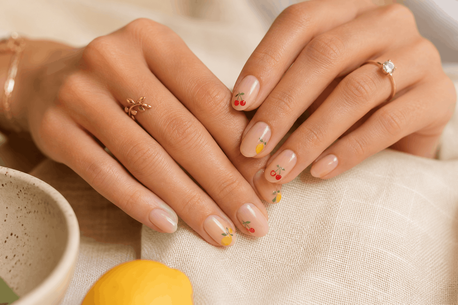 10 Fruit Gel Nails That Look Fresh and Fun 5 Minimalist fruit nails with small cherry and lemon designs