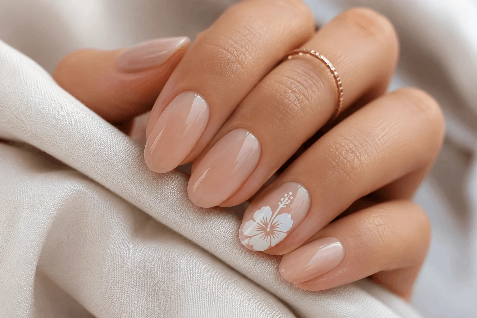 10 Hibiscus Flower on Nails Designs You’ll Love 4 Minimalist hibiscus flower accent nail manicure