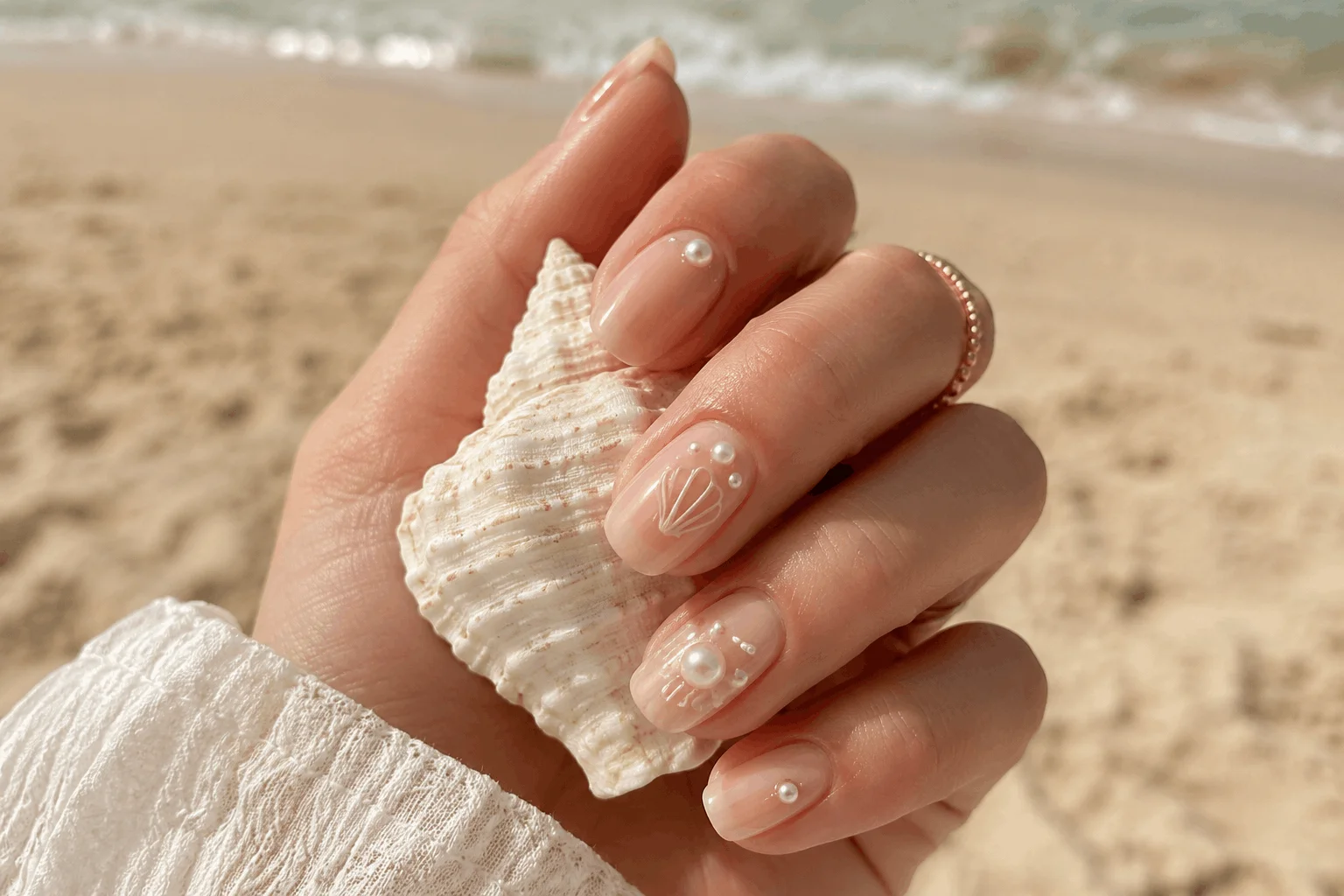 10 Summer Seashell Nails for a Coastal Glam Look 6 Minimalist nude seashell nails with pearl accents