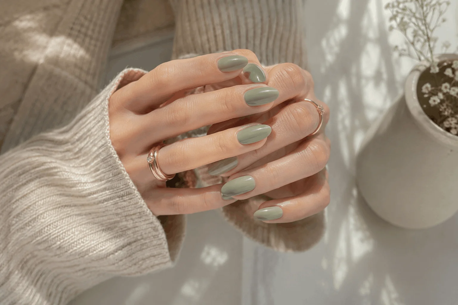 11 Green Spring Nails Everyone Will Copy 2 Minimalist sage green spring nails with glossy almond manicure