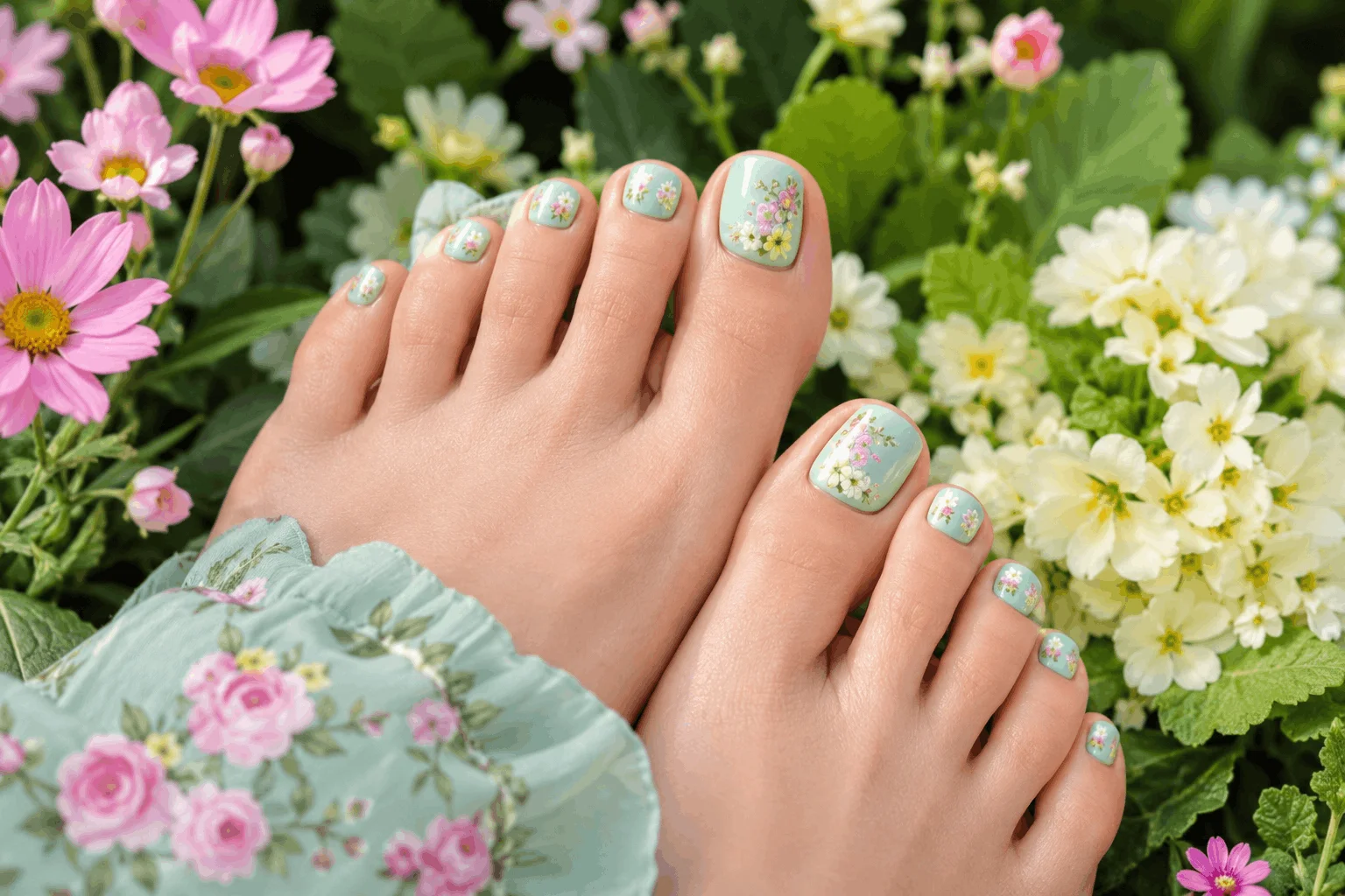 10 Floral and Pastel Toenail Designs for Spring Days 4 Mint green floral toenail design inspired by spring gardens