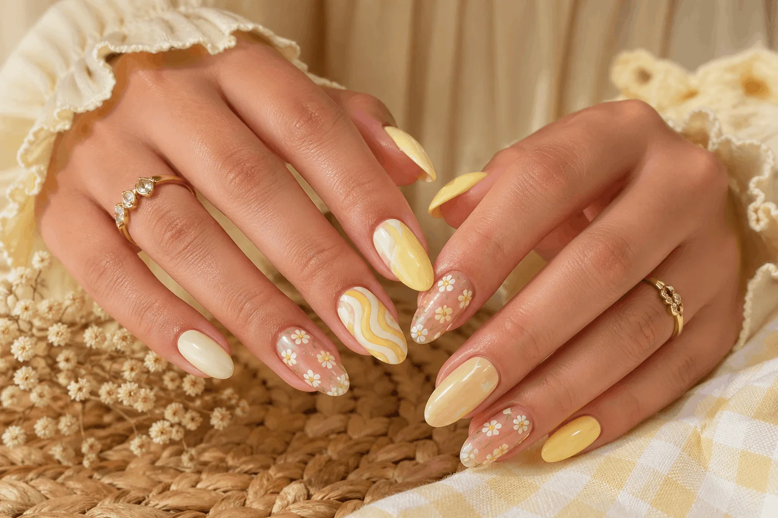 11 Butter Yellow Nails That Feel Soft & Chic 12 Mixed pastel yellow nails with floral and swirl design combination