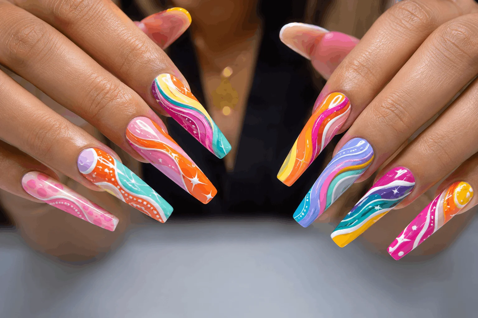 10 Wave Acrylic Nails Perfect for Summer Vibes 11 Multi-color swirl wave acrylic nails with artistic design