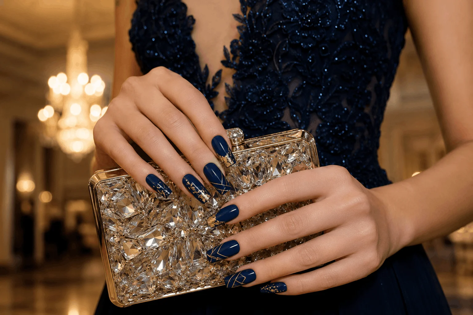 10 Blue Prom Nails That Will Steal the Spotlight Tonight 3 Navy blue prom nails with gold foil details and elegant styling