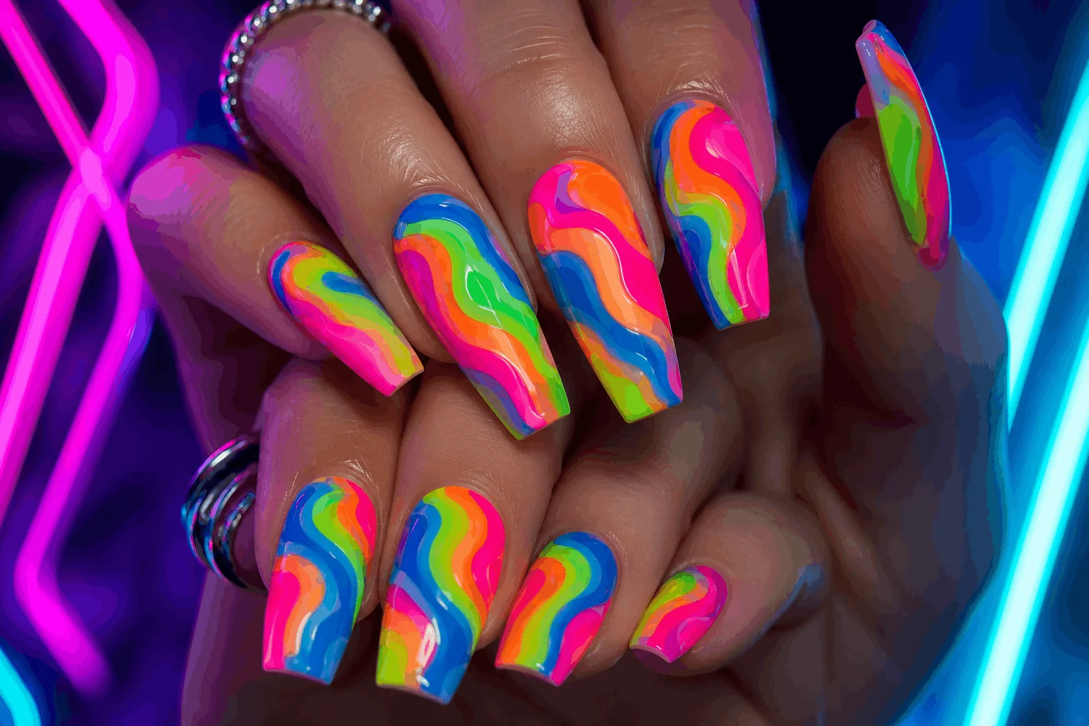 10 Wave Acrylic Nails Perfect for Summer Vibes 9 Neon abstract wave nails with bright summer colors