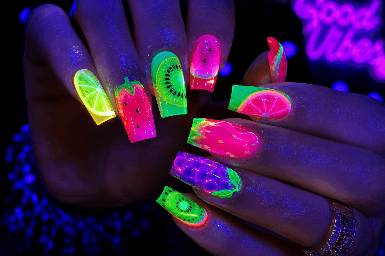 10 Fruit Gel Nails That Look Fresh and Fun 10 Neon colorful fruit nails glowing bold summer manicure