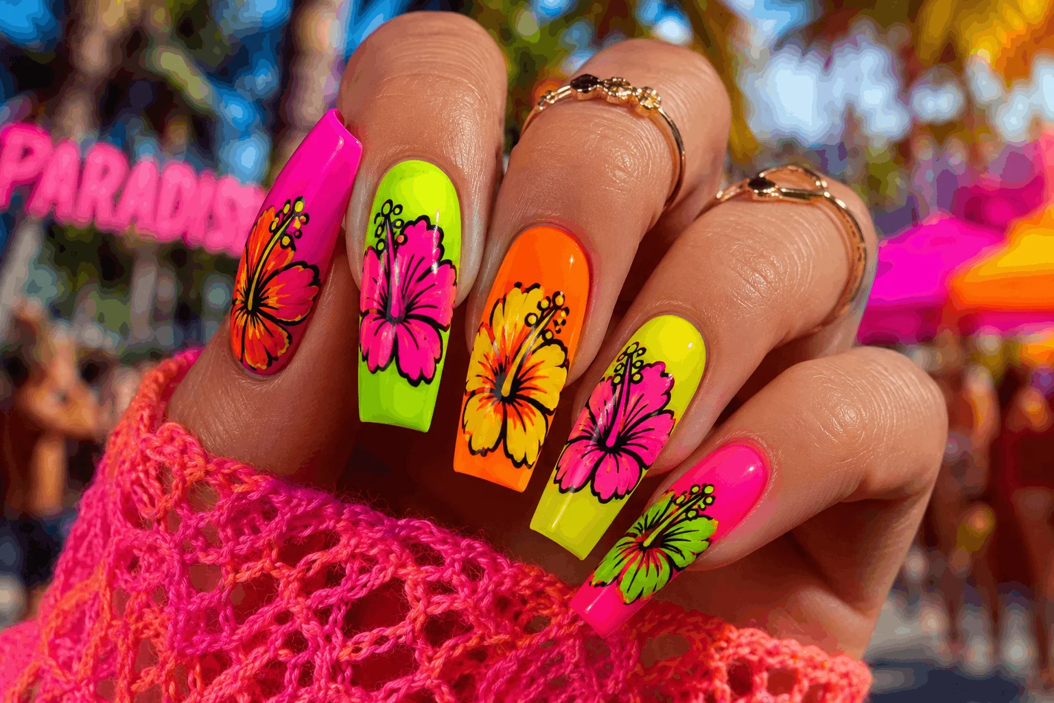10 Summer Hibiscus Nails You’ll Want Right Away 7 Neon hibiscus nails with bold tropical summer colors