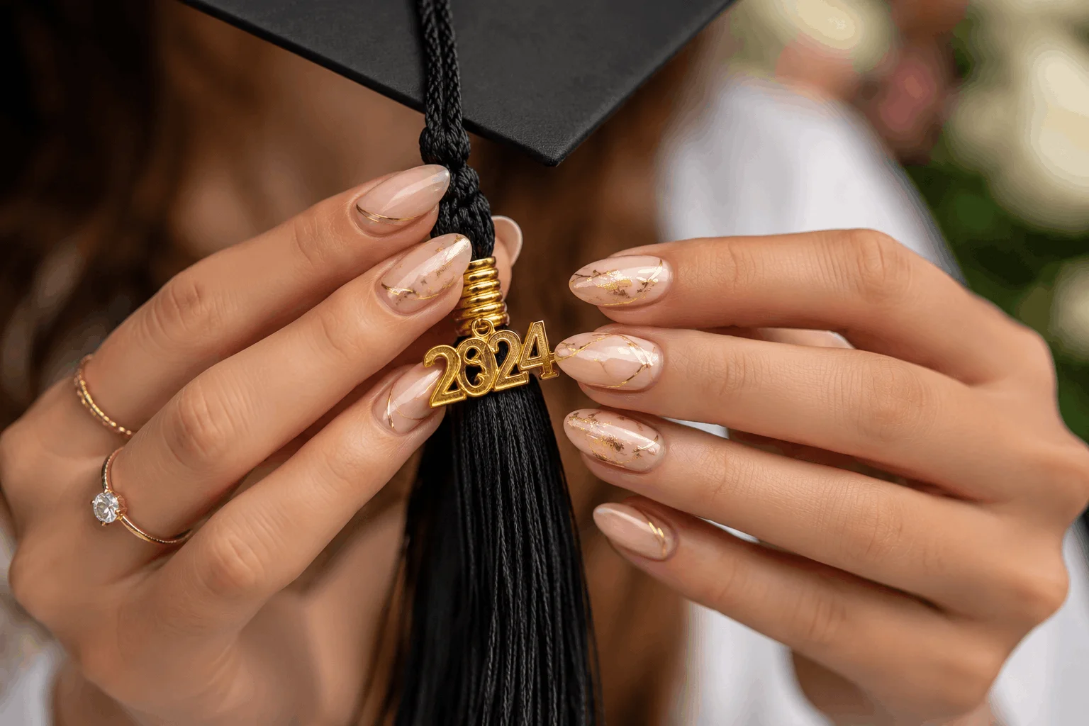 12 Cute Graduation Nails Perfect for Graduation Season 4 Nude graduation nails with gold foil accents and classy design