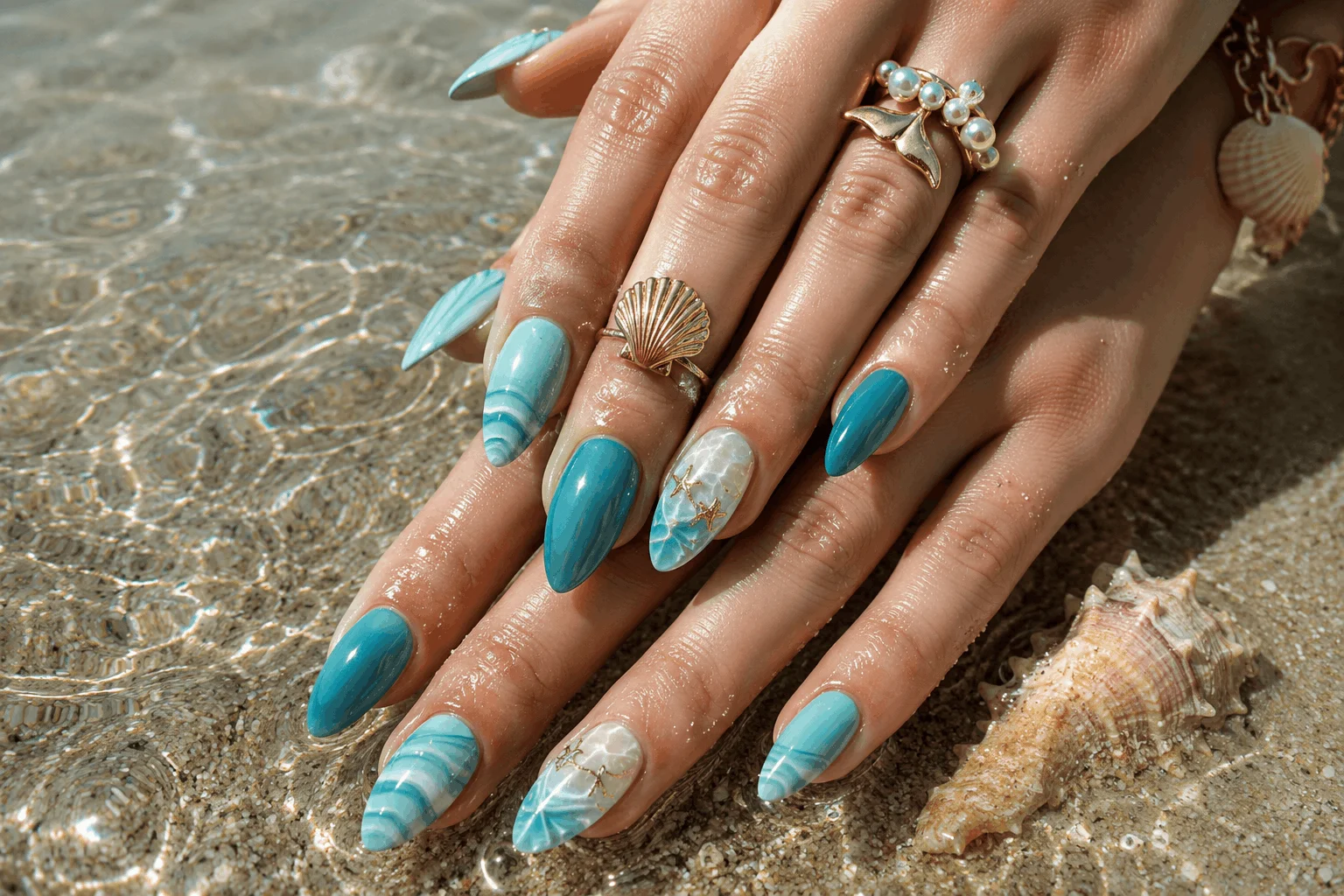 10 Summer Almond Nails for a Chic Beach Look 3 Ocean blue almond nails with beach-inspired summer nail art