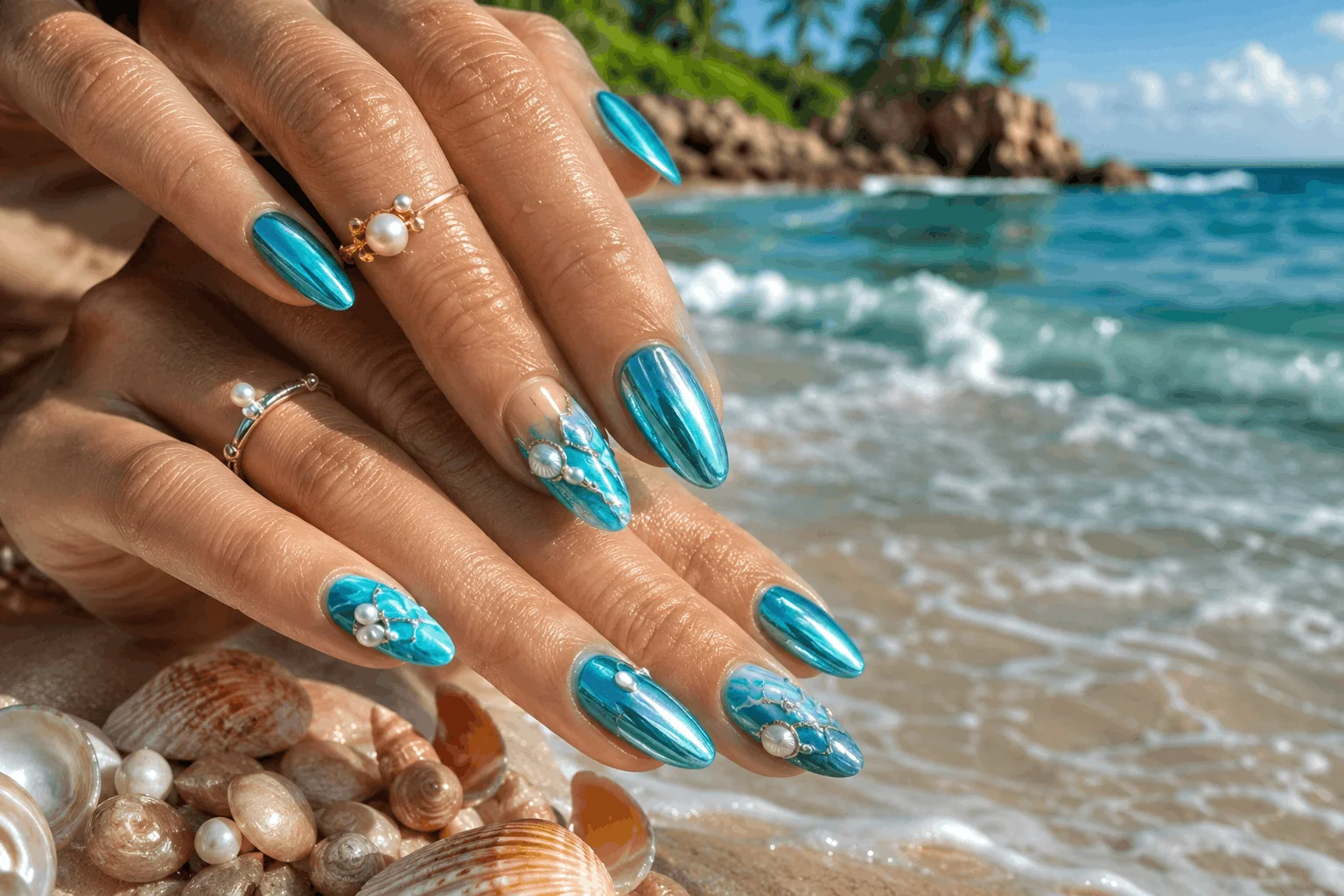 11 Summer Nail Colors Everyone Will Copy in 2026 3 Ocean blue tropical summer nails with beach aesthetic