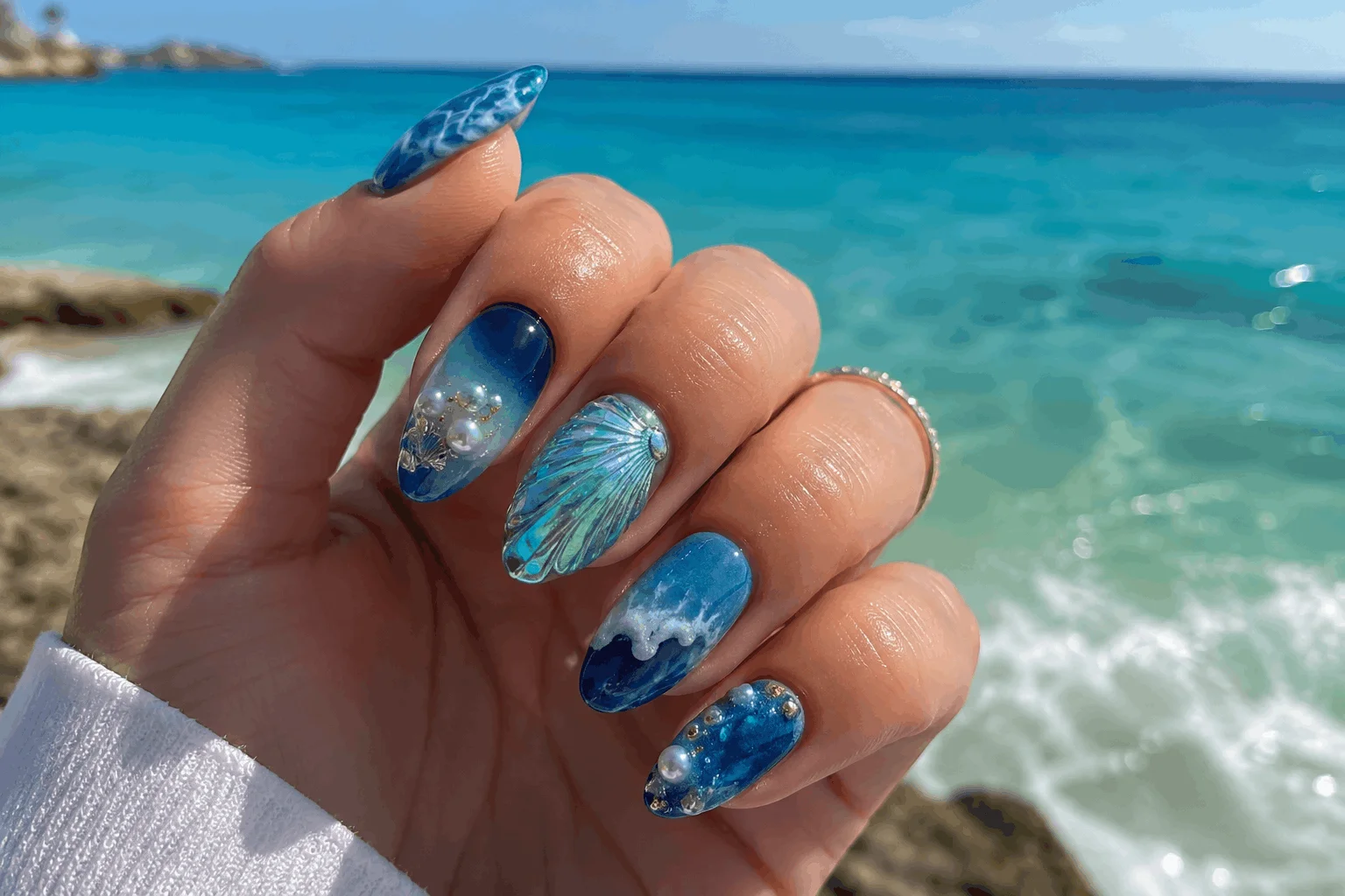 10 Summer Seashell Nails for a Coastal Glam Look 4 Ocean inspired nails with blue seashell nail art