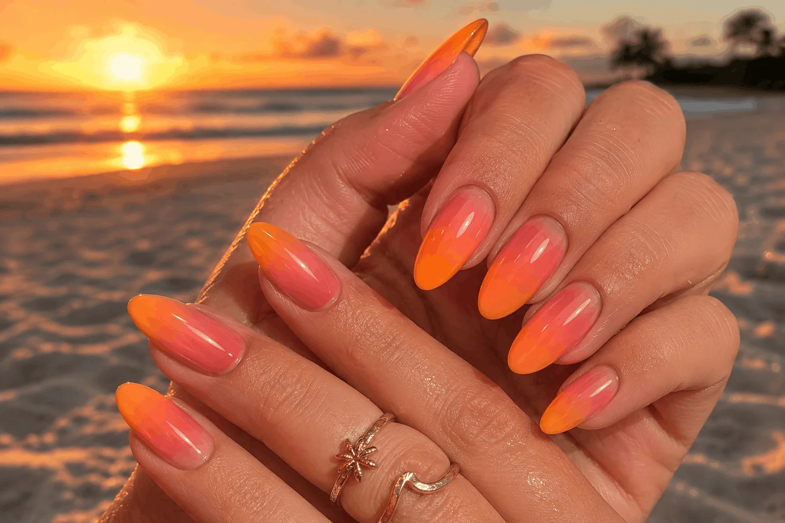 10 Tropical Sunset Nails That Scream Summer Vibes 2 Orange and pink ombre summer sunset nails design