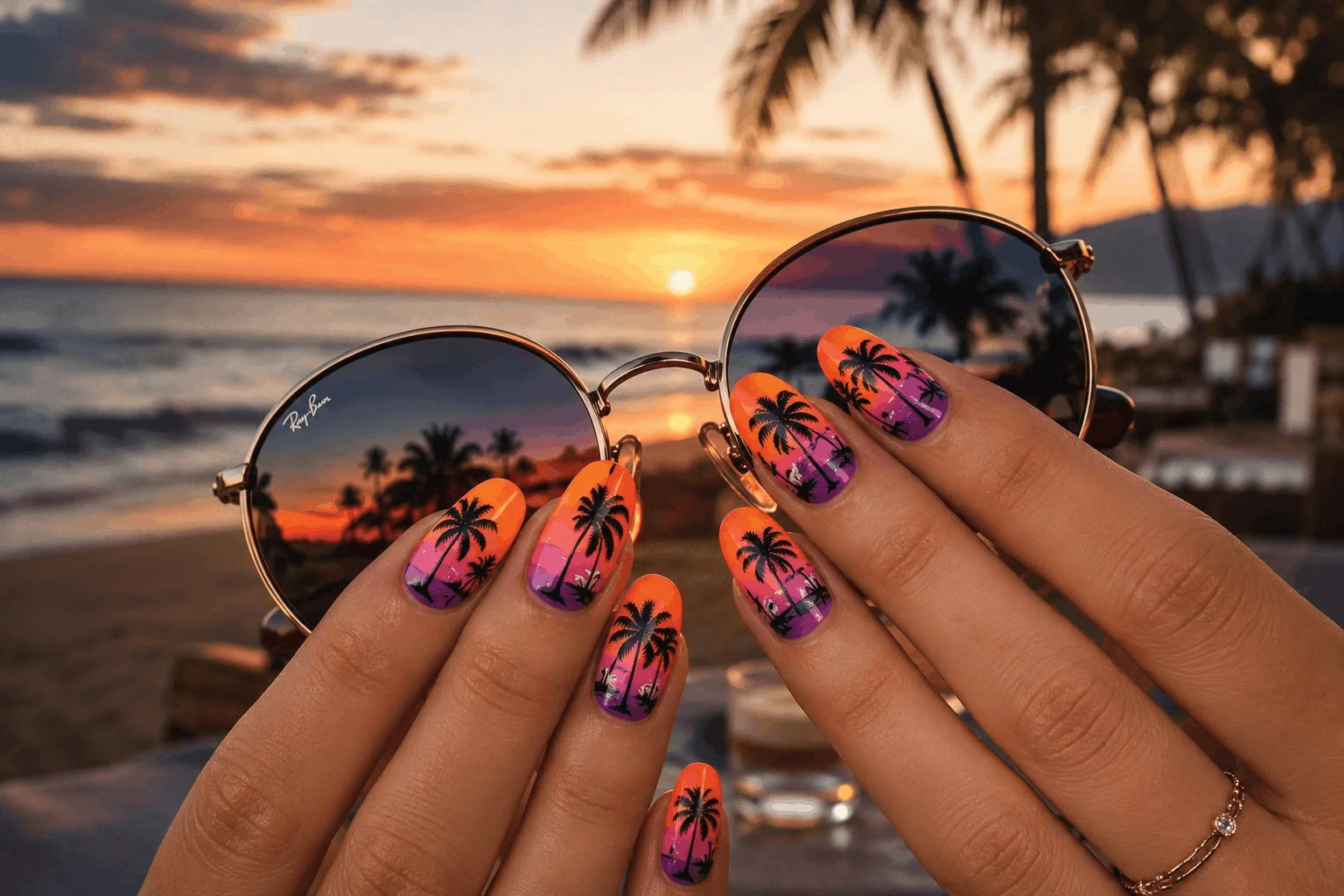 10 Vacation Nails Summer Lovers Are Obsessed With 4 Palm tree sunset nails with tropical vacation colors