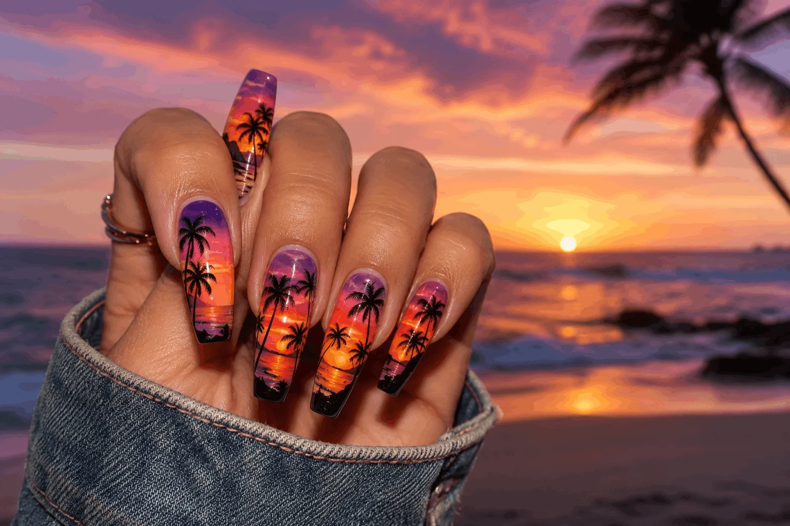 10 Tropical Sunset Nails That Scream Summer Vibes 3 Palm tree tropical sunset nails with beach vibes