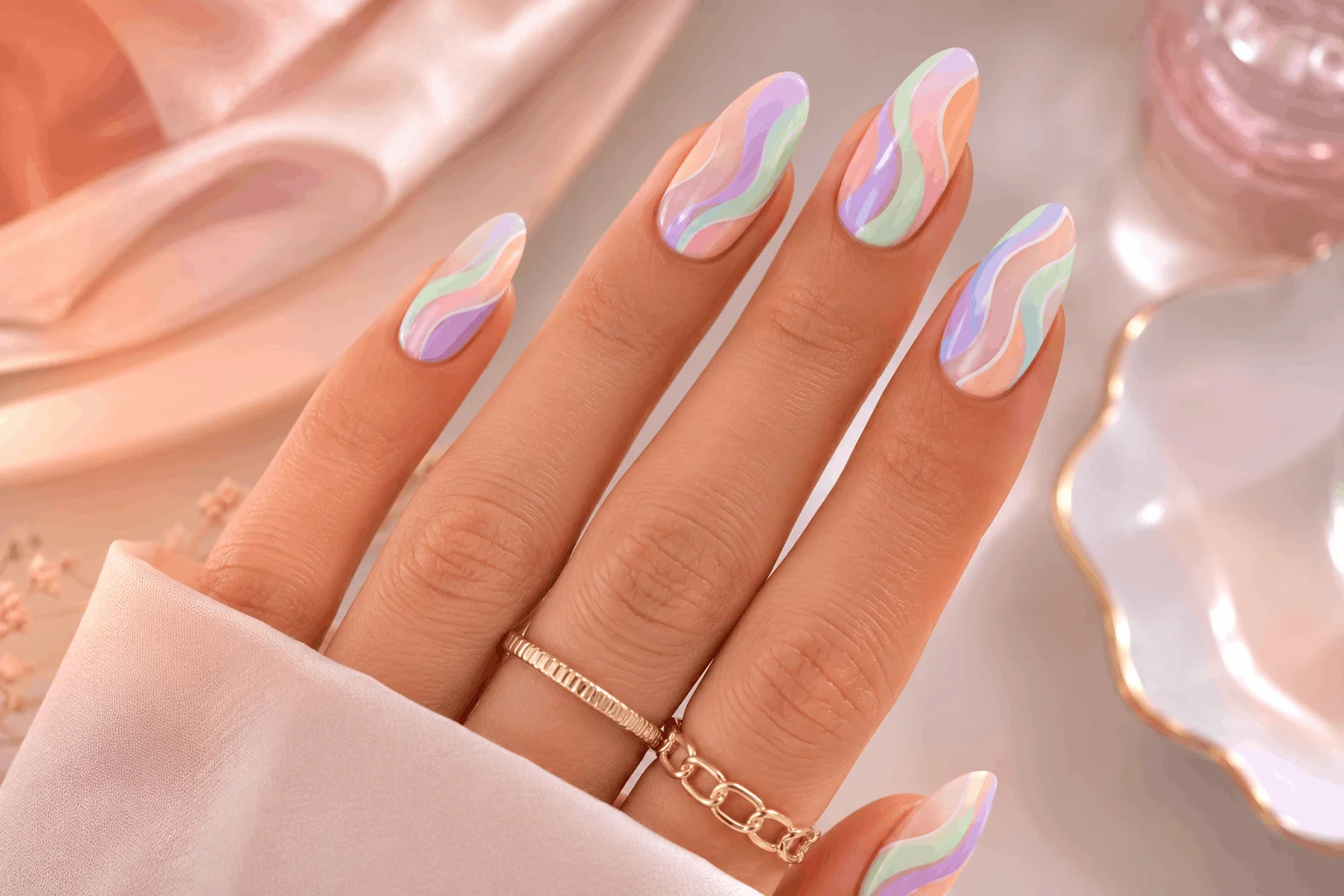 10 Wave Acrylic Nails Perfect for Summer Vibes 3 Pastel abstract wave nails in soft summer colors