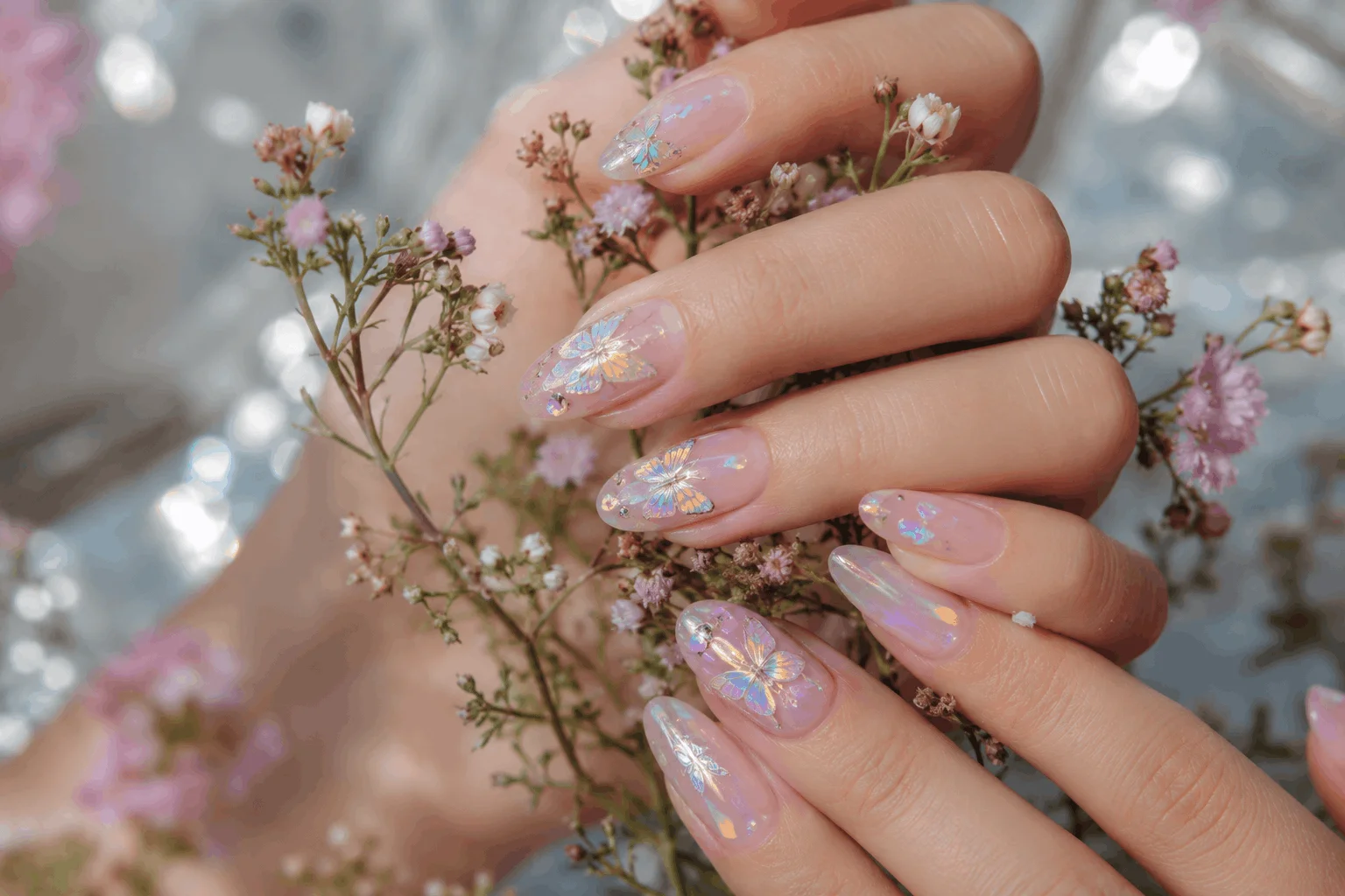 12 Coachella Nails Designs That Steal the Spotlight 8 Pastel butterfly accent nails with holographic details