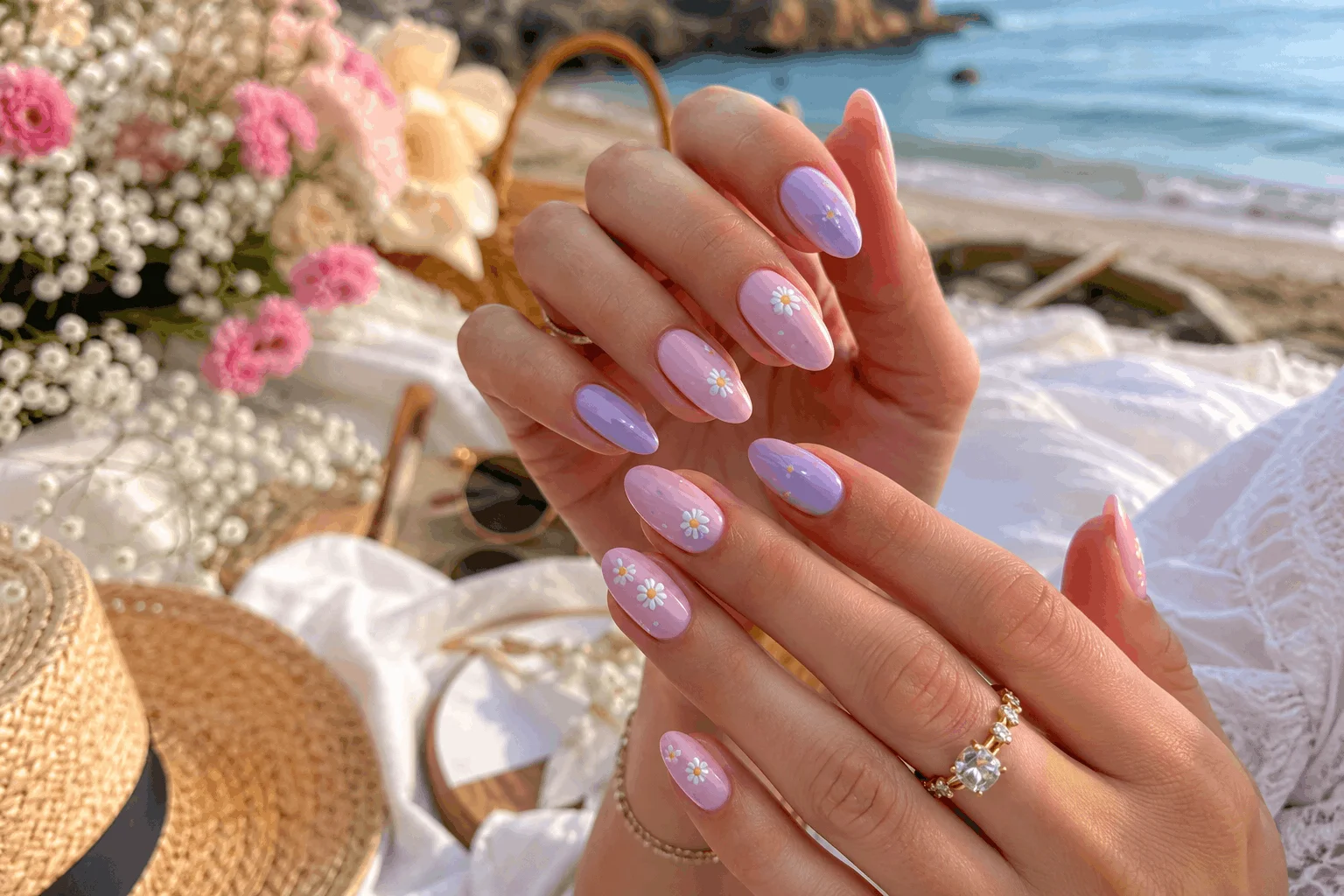 10 Summer Almond Nails for a Chic Beach Look 9 Pastel daisy flower almond nails for soft summer style