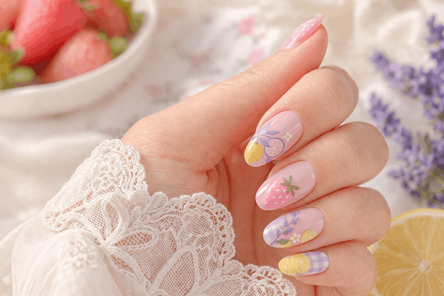 10 Fruit Gel Nails That Look Fresh and Fun 8 Pastel fruit nails soft aesthetic colorful gel manicure