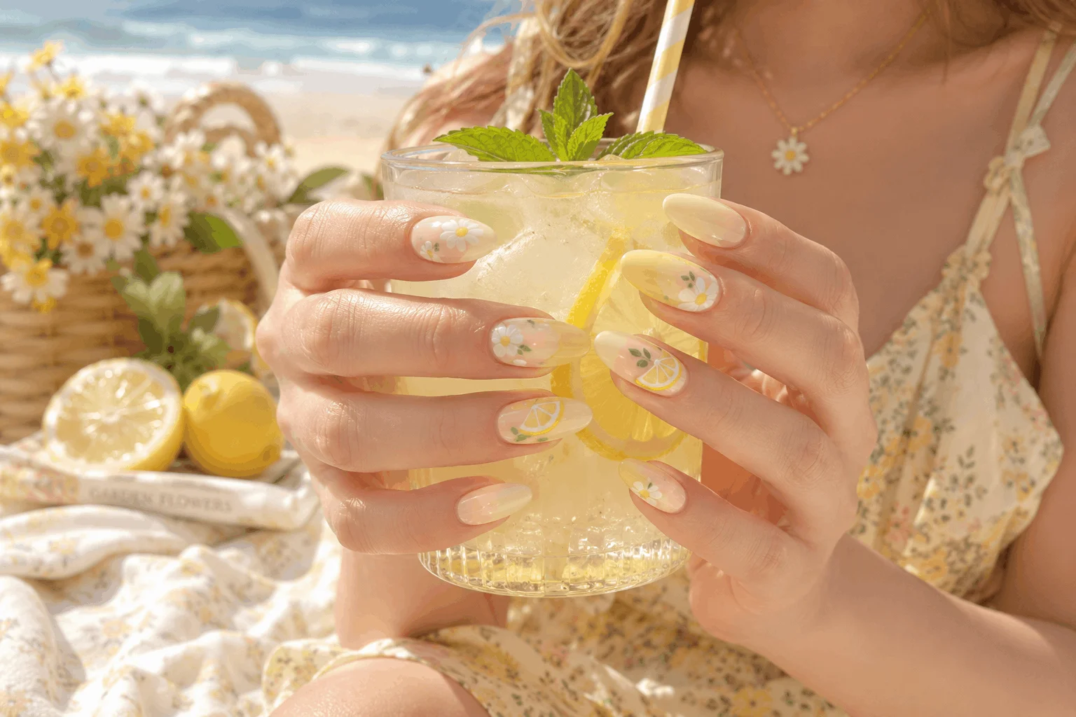 10 Summer Almond Nails for a Chic Beach Look 4 Pastel lemonade almond nails with yellow summer nail design