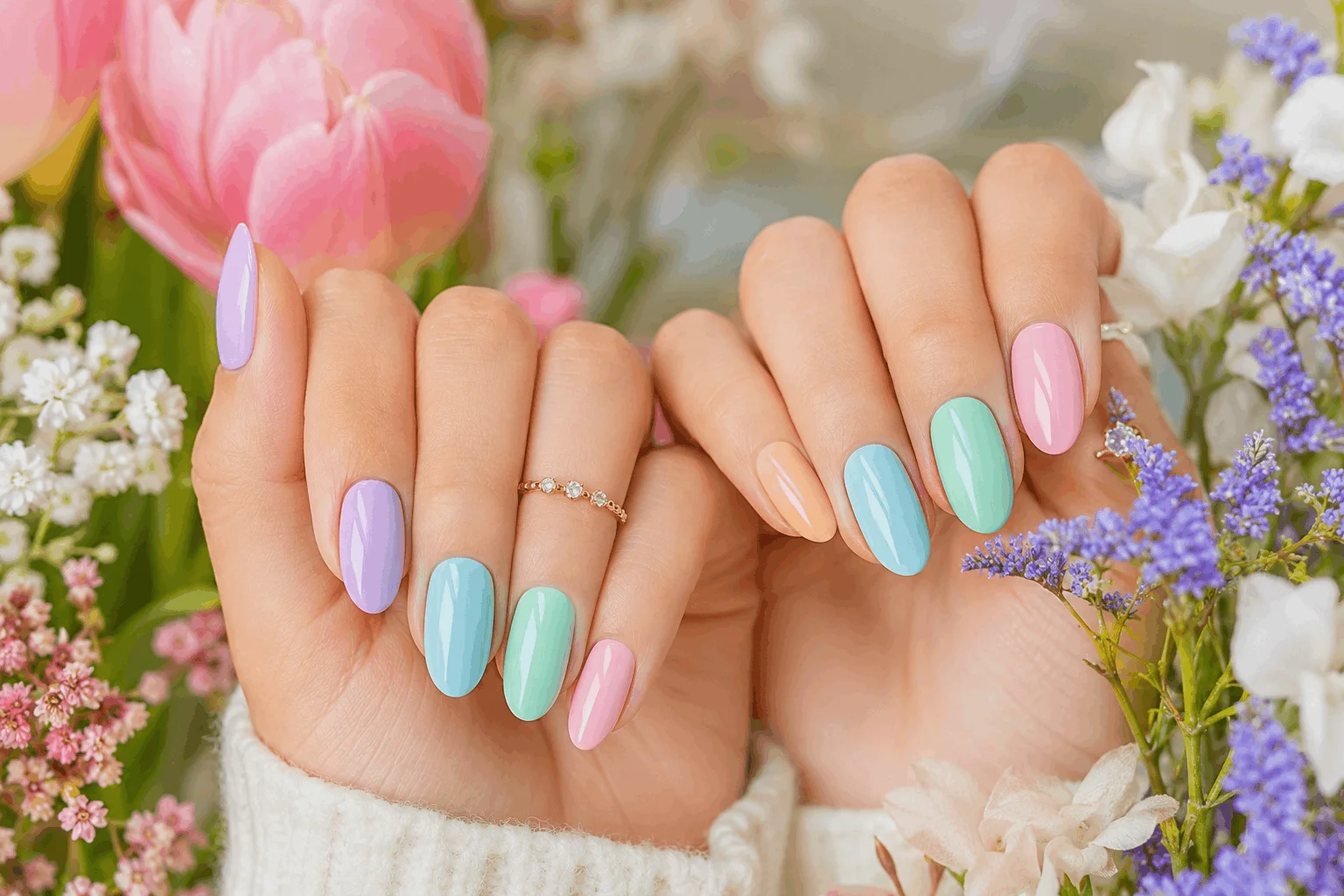 10 April Nails Ideas for a Chic Seasonal Manicure 2 Pastel ombre April nails with pink lavender and mint gradient