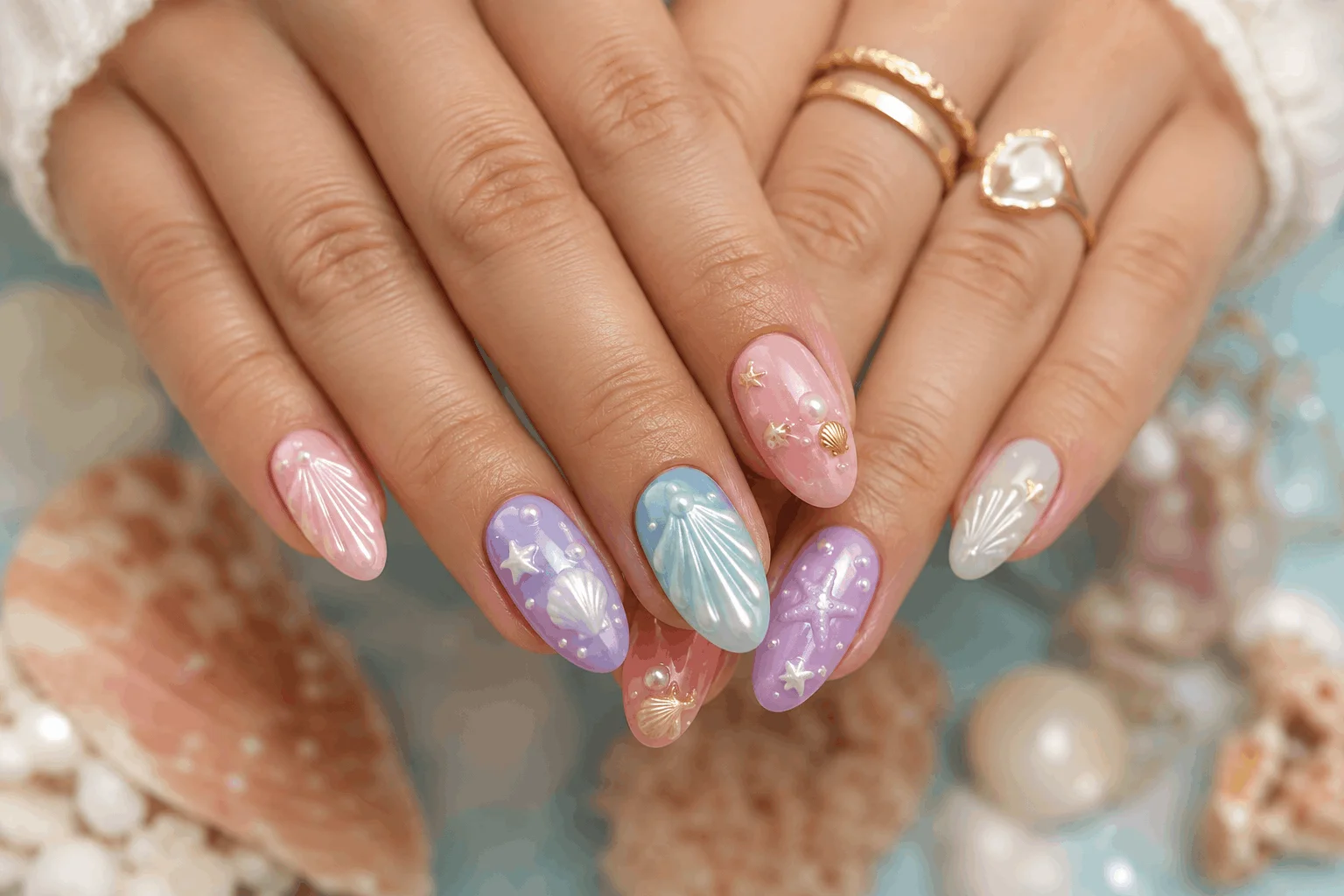 10 Summer Seashell Nails for a Coastal Glam Look 9 Pastel seashell nails with soft summer colors