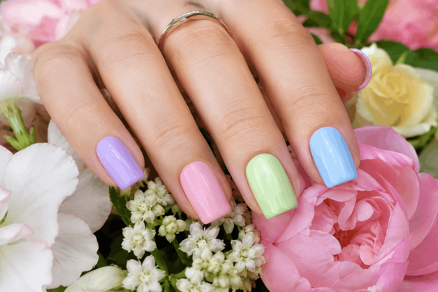 11 Fresh Spring Square Nails to Try This Season 2 Pastel spring square nails in lavender pink mint and yellow shades